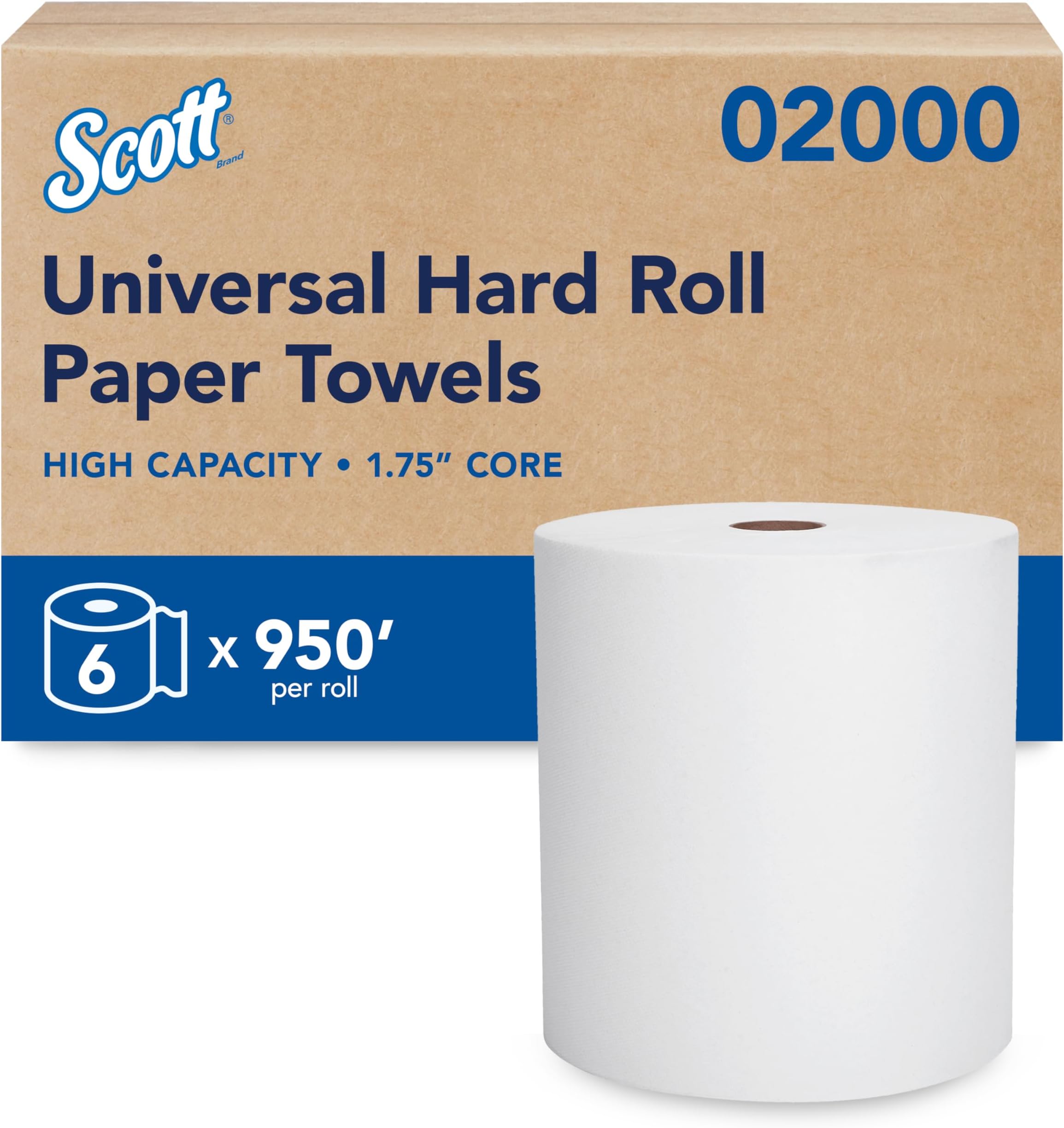 Kimberly-Clark Scott Essential High Capacity Hard Roll Paper Towels (02000), 1.75" Core, White, 9500' / Roll, 6 Rolls/Convenience Case, 5,700' / Case
