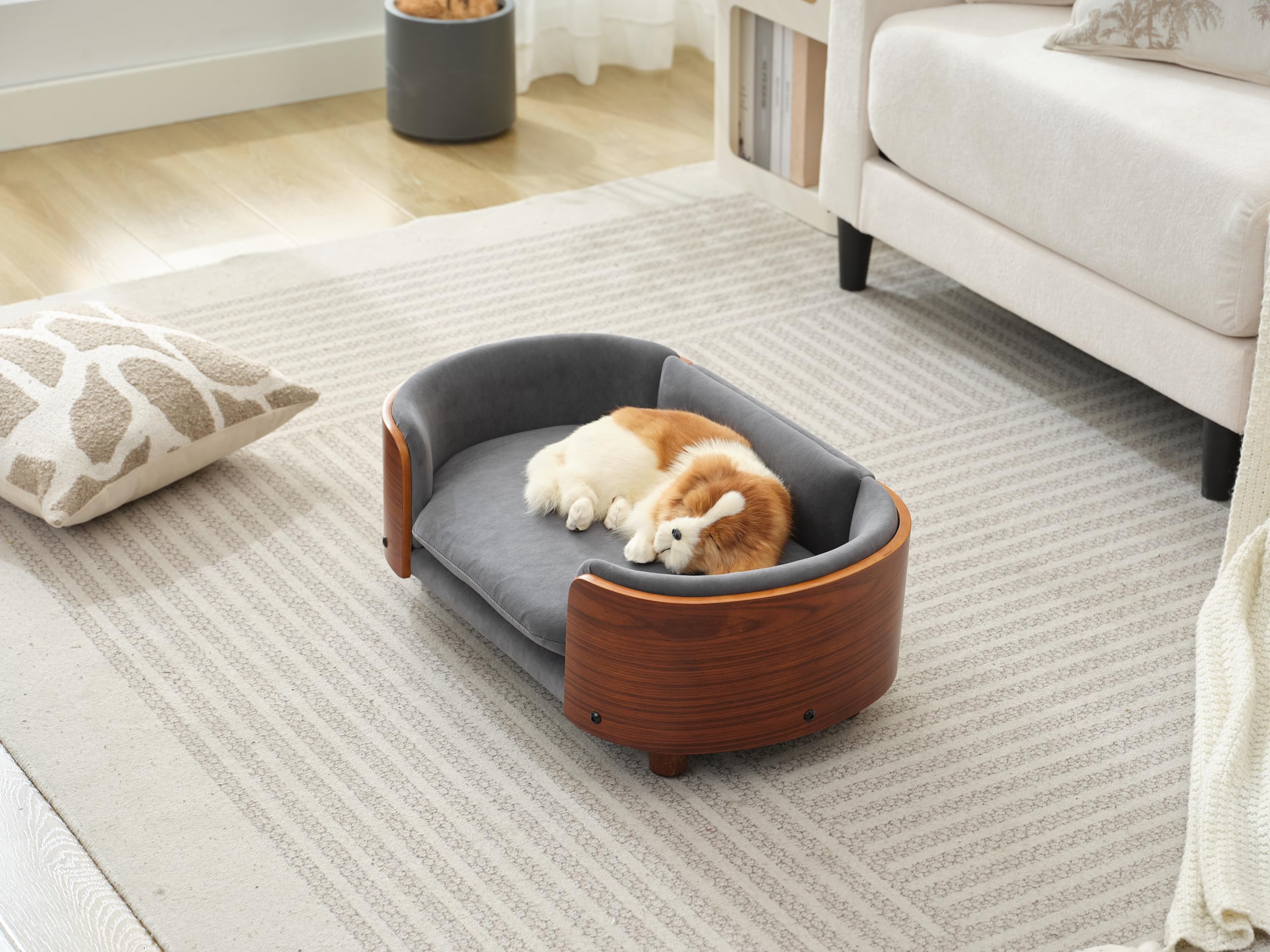Modern Elevated Dog Cat Sofa, Pet Sofa Dog Cat Bed with Solid Wood Legs and Bent Wood Back with Velvet Cushion for Cute Cats and Small Dogs (Dark Grey)