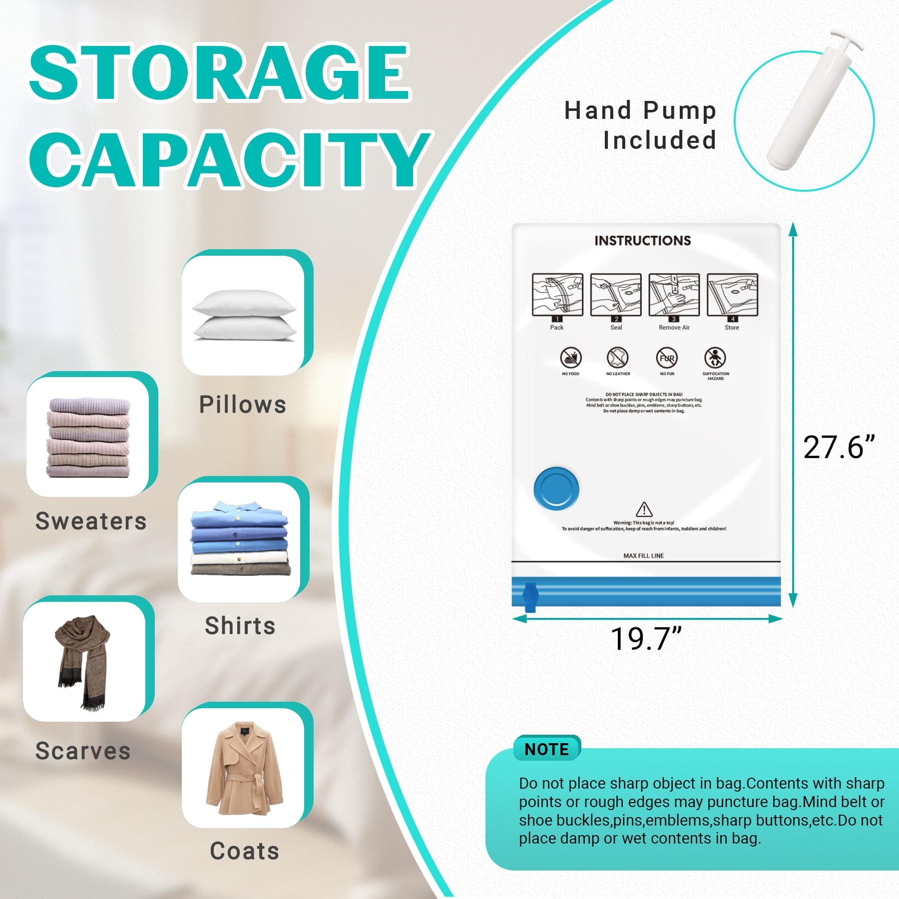Paquete de 10 bolsas de almacenamiento al vacío medianas para ropa de cama, bolsas de compresión para mantas de viaje y edredones, bomba de mano incluida