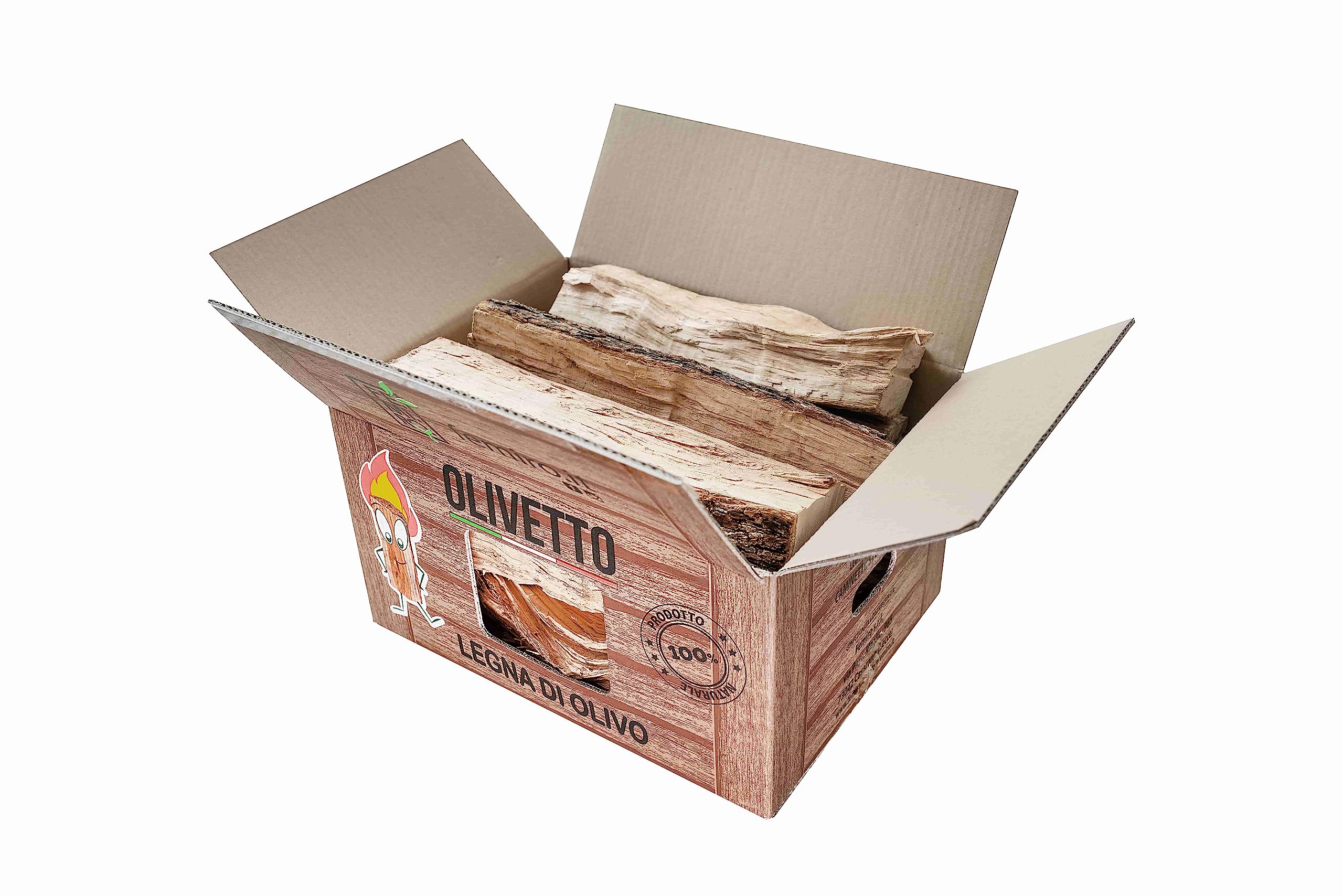 FEMIRO Legna da Ardere di Olivo 3 Scatole da 10 kg con 1 Scatola di Legnetti Accendifuoco da 8 kg – Set da 40 kg in Scatole di Cartone – Per Camino, Stufe, Forni e Barbecue