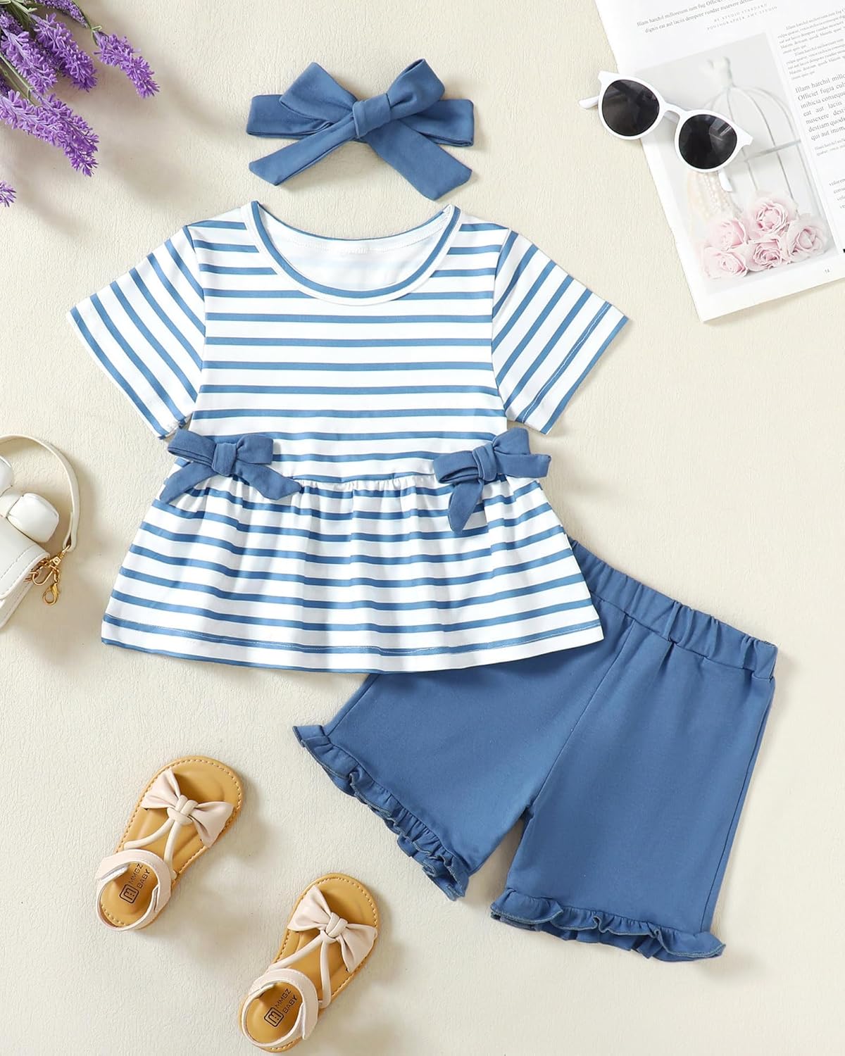 YALLET Toddler Baby Girl Clothes Summer Outfits Set, Short Sleeve T-Shirt+Casual Shorts+Headband 3Pcs Infant Girl Clothing Blue 18-24 Months image 3 of 6 B0CSSQ7RCL