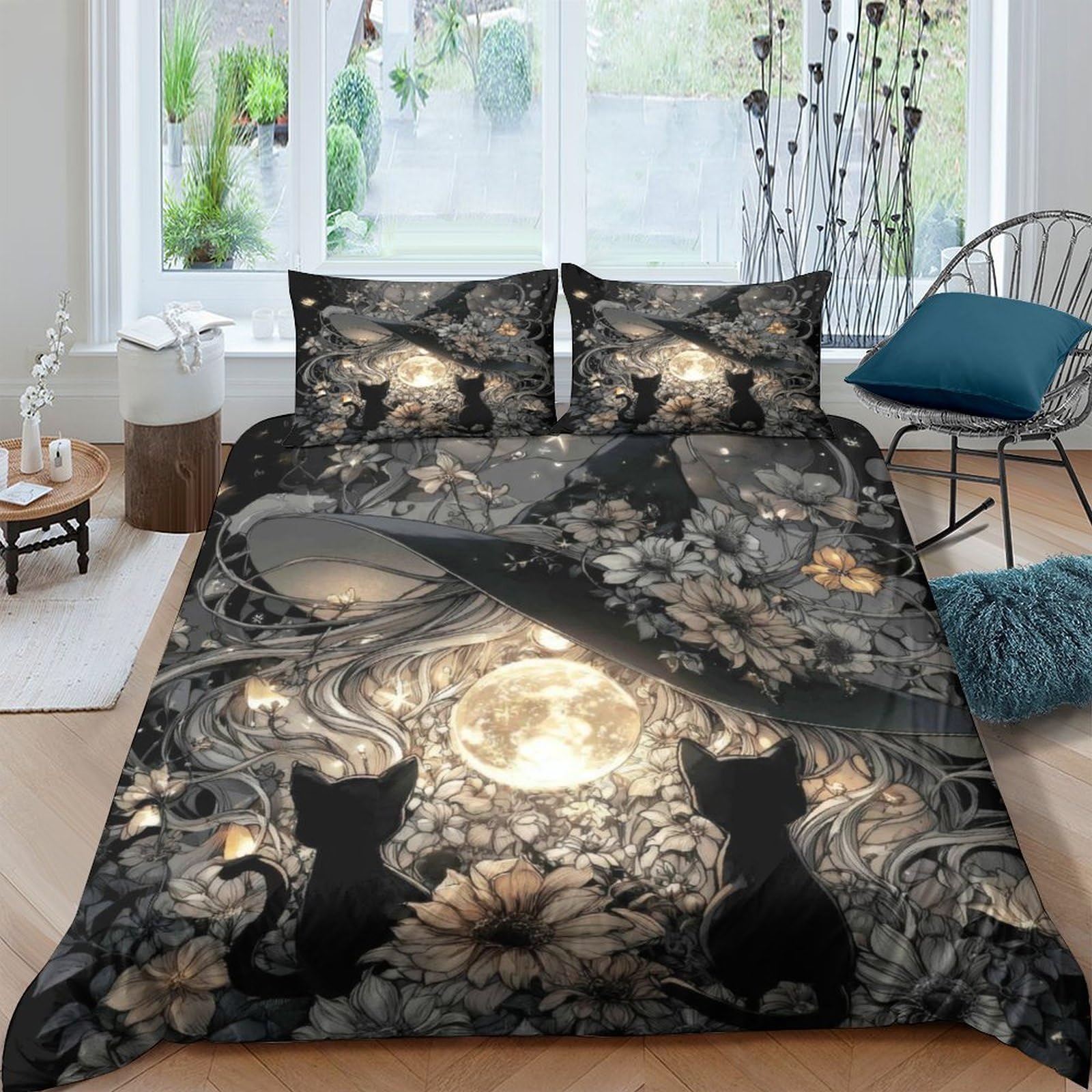 Ctjqhvkz Style-7 3D Printed Moonlight Cat Fitted Sheet Microfiber Soft Mattress Cover Bedroom Decor Dark Floral Protection Single（135X200cm）