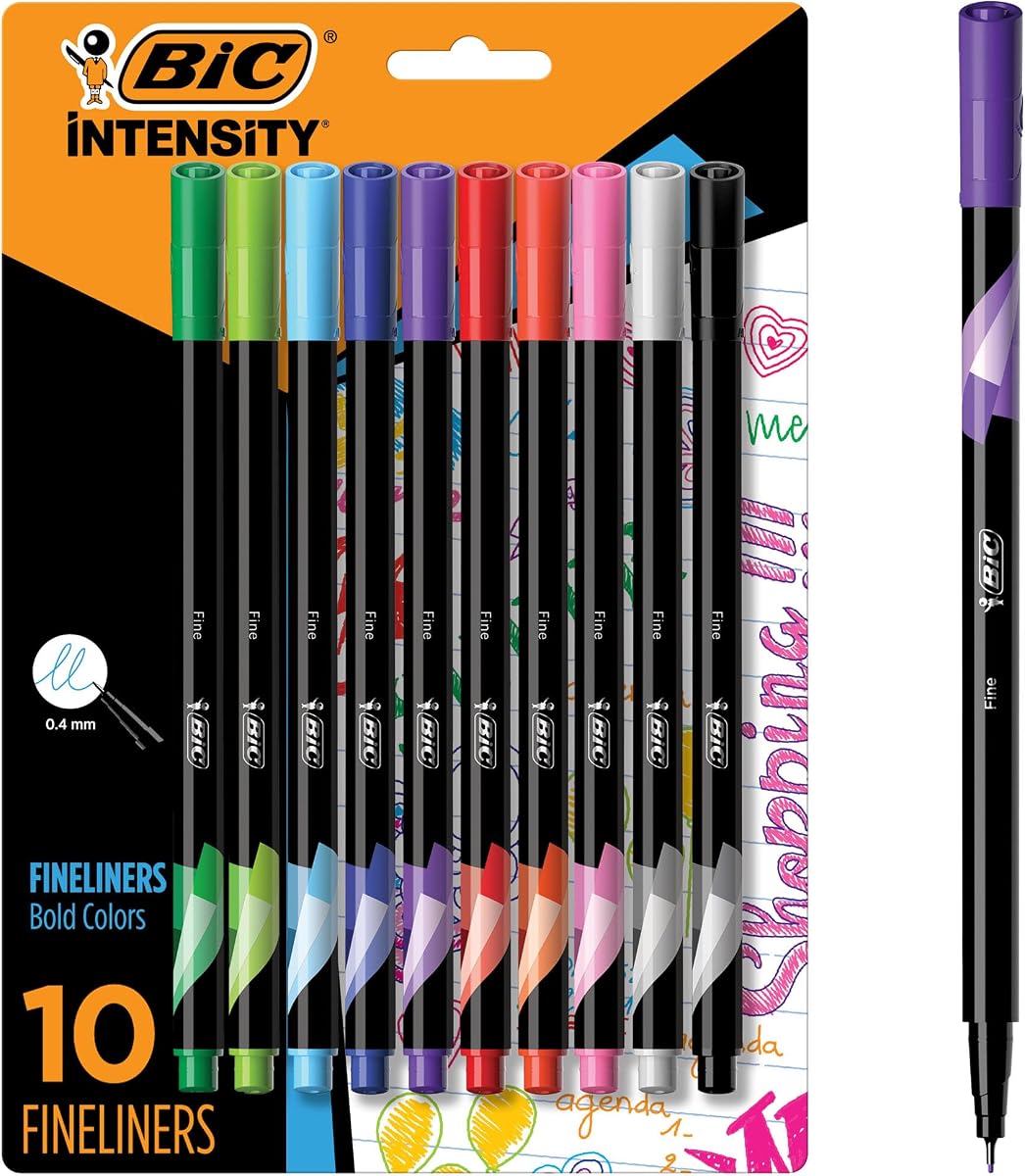 Juego de rotuladores BIC Intensity Fineliner, colores surtidos, 10 unidades | Punta fina de 0,4 mm para escritura detallada | Tinta a base de agua para una aplicación suave | Punta de metal resistente para un uso duradero