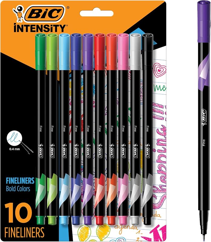 Juego de rotuladores BIC Intensity Fineliner, colores surtidos, 10 unidades | Punta fina de 0,4 mm para escritura detallada | Tinta a base de agua para una aplicación suave | Punta de metal resistente para un uso duradero