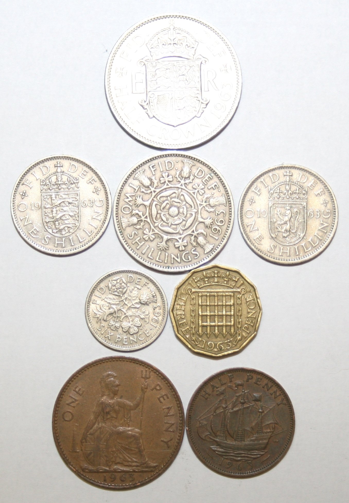 1963 Complete Circulating British Coin Year Set Very Fine or Better Condition 8 Coins in Individual Clear Envelopes