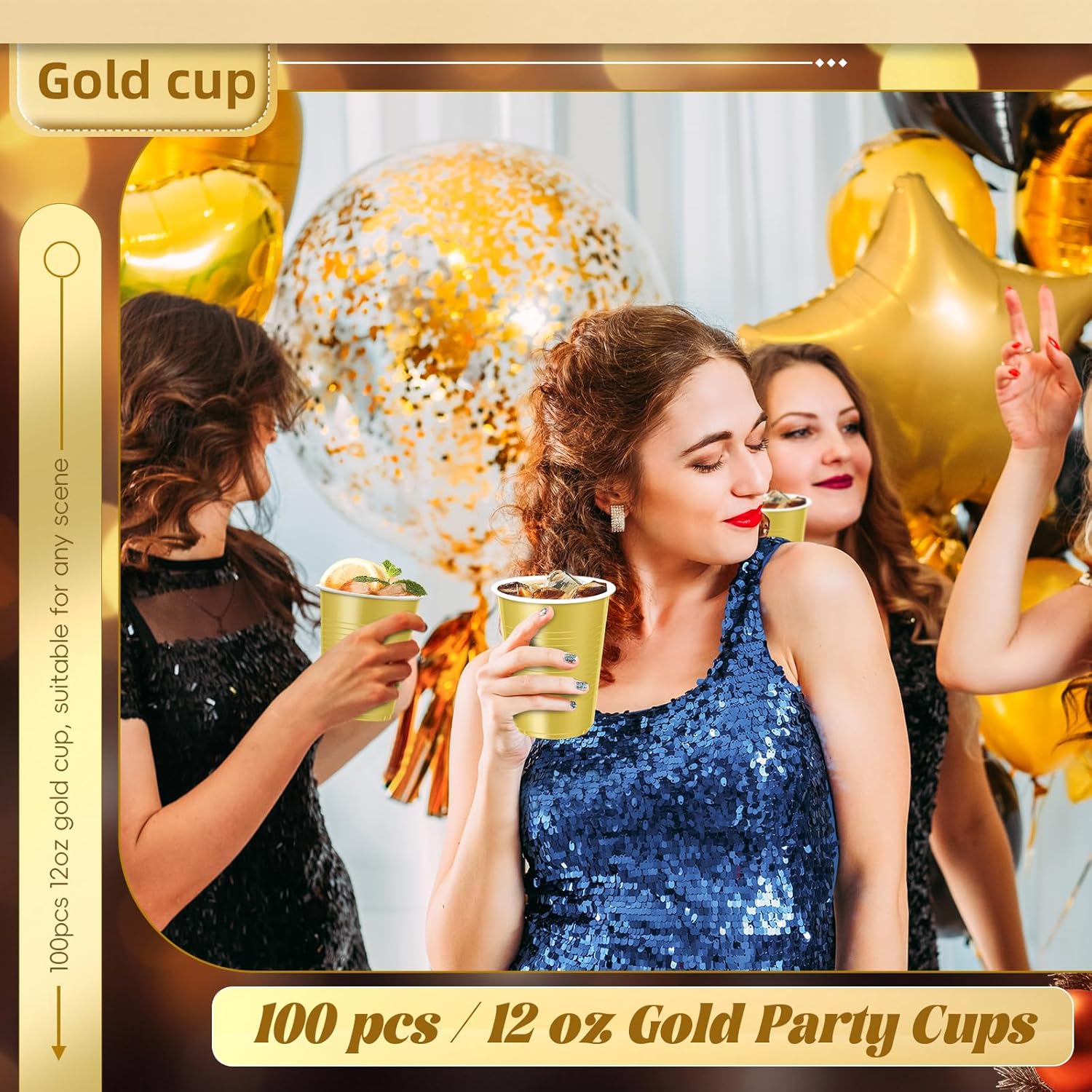 Dualshine 100 Pack Gold Plastic Cups 12 oz, Disposable Cups for Party, Heavy Duty Drinking Cup, Graduation Cups for Wedding Birthday, Valentine's Day Beer Taste Serving Sample Tastings Barbecues - Image 3