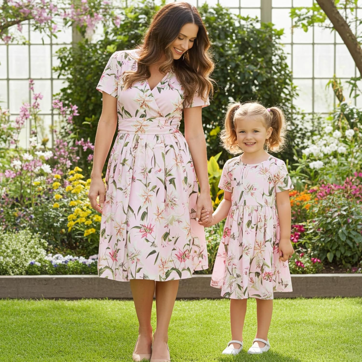 Mommy and Me Floral Dresses Mother Daughter Matching Short Sleeve Tshirt Midi Dress Crew Neck Outfits with Pockets - Image 5