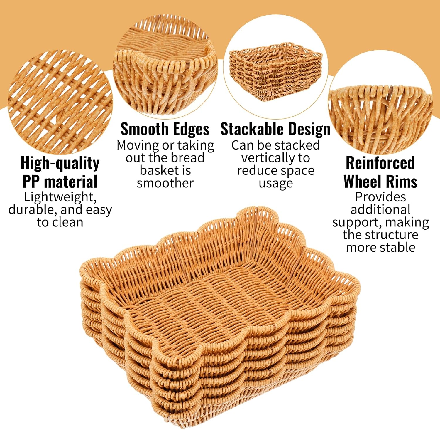 6 Pack Wicker Bread Baskets, 11.4"x9"x2.3" Brown Wavy Imitation Rattan Serving Trays, Stackable Rectangle Woven Tabletop Food Baskets for Family Gatherings, Parties & Outdoor Picnics