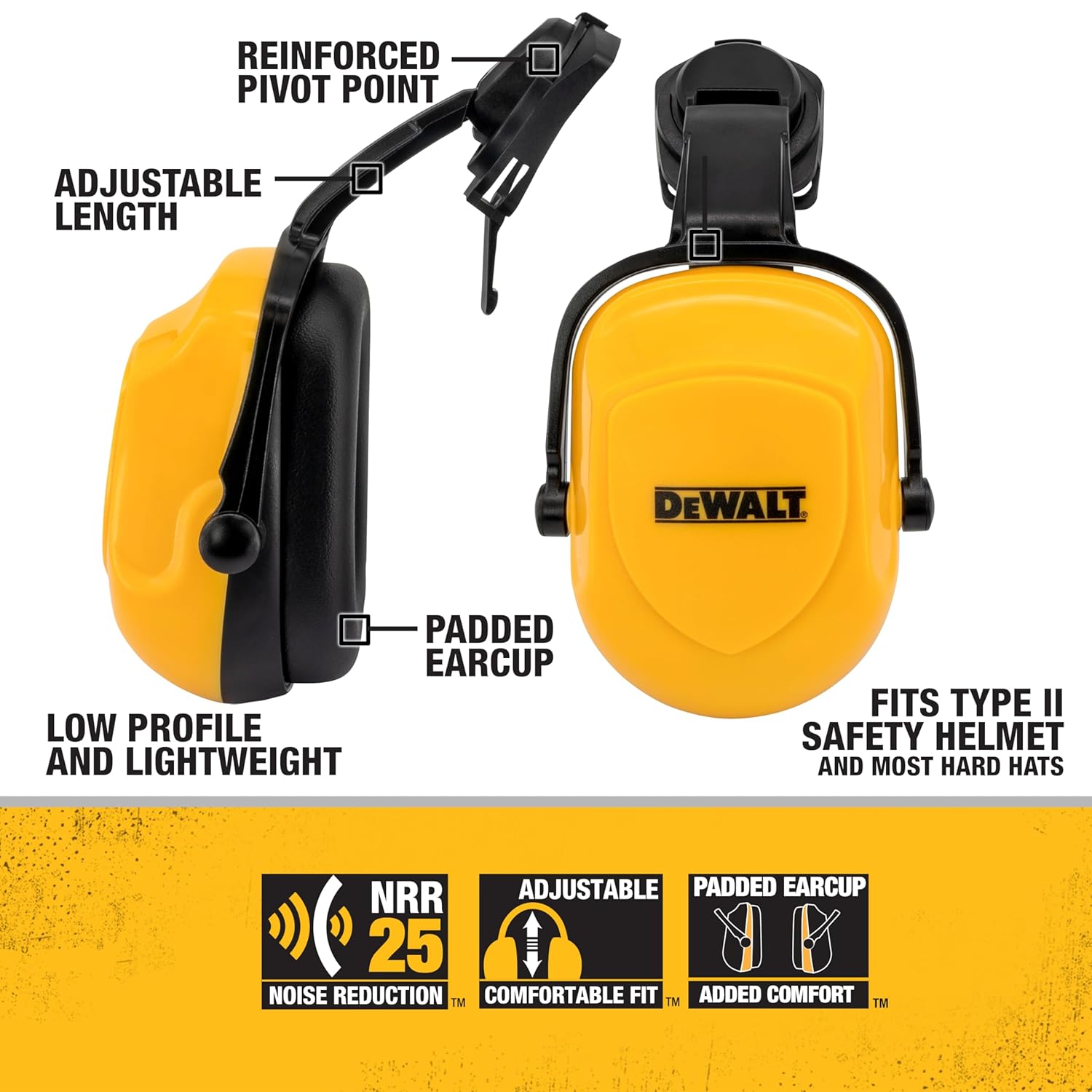 DEWALT DPG660 Yellow with Black Earcups Dielectric Expandable NRR 25 Cap Mount Earmuff