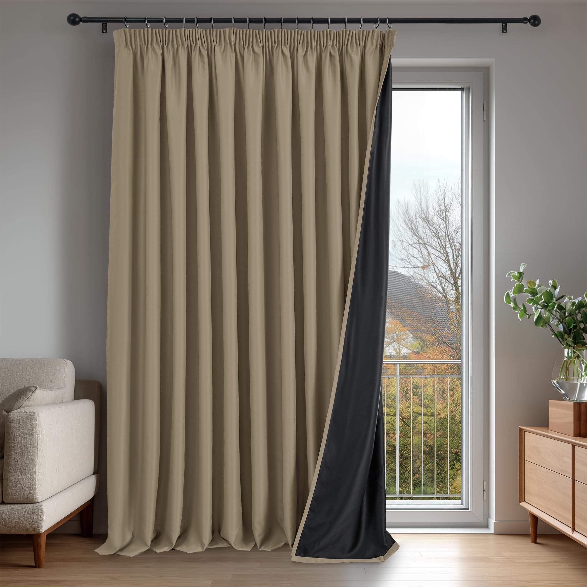 Deconovo 100% zasłony zaciemniające – zasłony do salonu z marszczoną taśmą – termiczne zasłony chroniące przed wysoką temperaturą, 300 x 245 cm, Caqui, 1 panel
