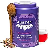 Vista 1 de JusTea PURPLE RAIN Té Morado de Hojas Sueltas Lata con Cuchara de Té Tallada a Mano Más de 40 Tazas (2.8oz) Cafeína Muy Baja Galardonado
