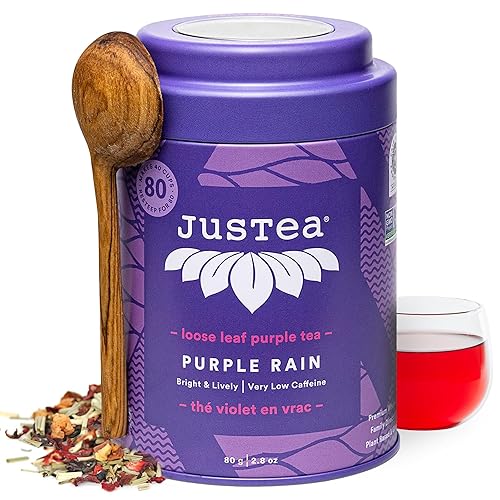 JusTea Purple Rain Té morado de hojas sueltas con cuchara de té tallada a mano, más de 40 tazas (2.8 onzas) Muy bajo contenido de cafeína