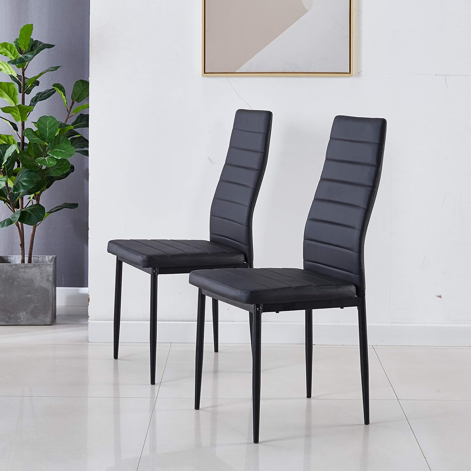 Minimalist Dining Chair Leather Diamond Grid Pattern Restaurant Home Conference Chair  (4, Jet Black)