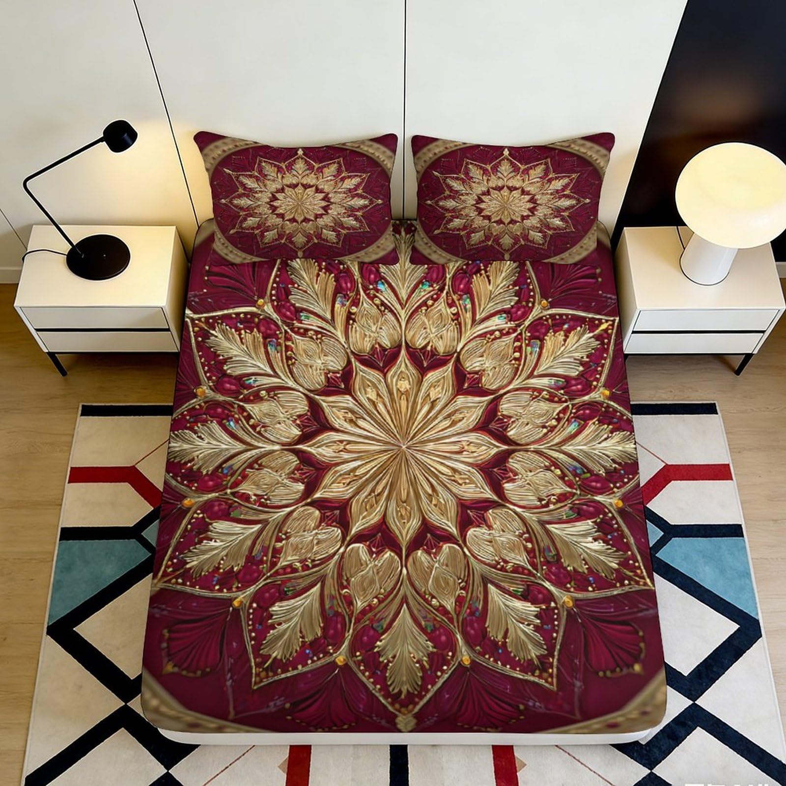 Dhbaneiok Style-9 3D Printed Mandala Floral Fitted Sheet Microfiber Soft Maroon Lotus Bed Cover For Bedroom Guest Room Decor 90X200x25cm