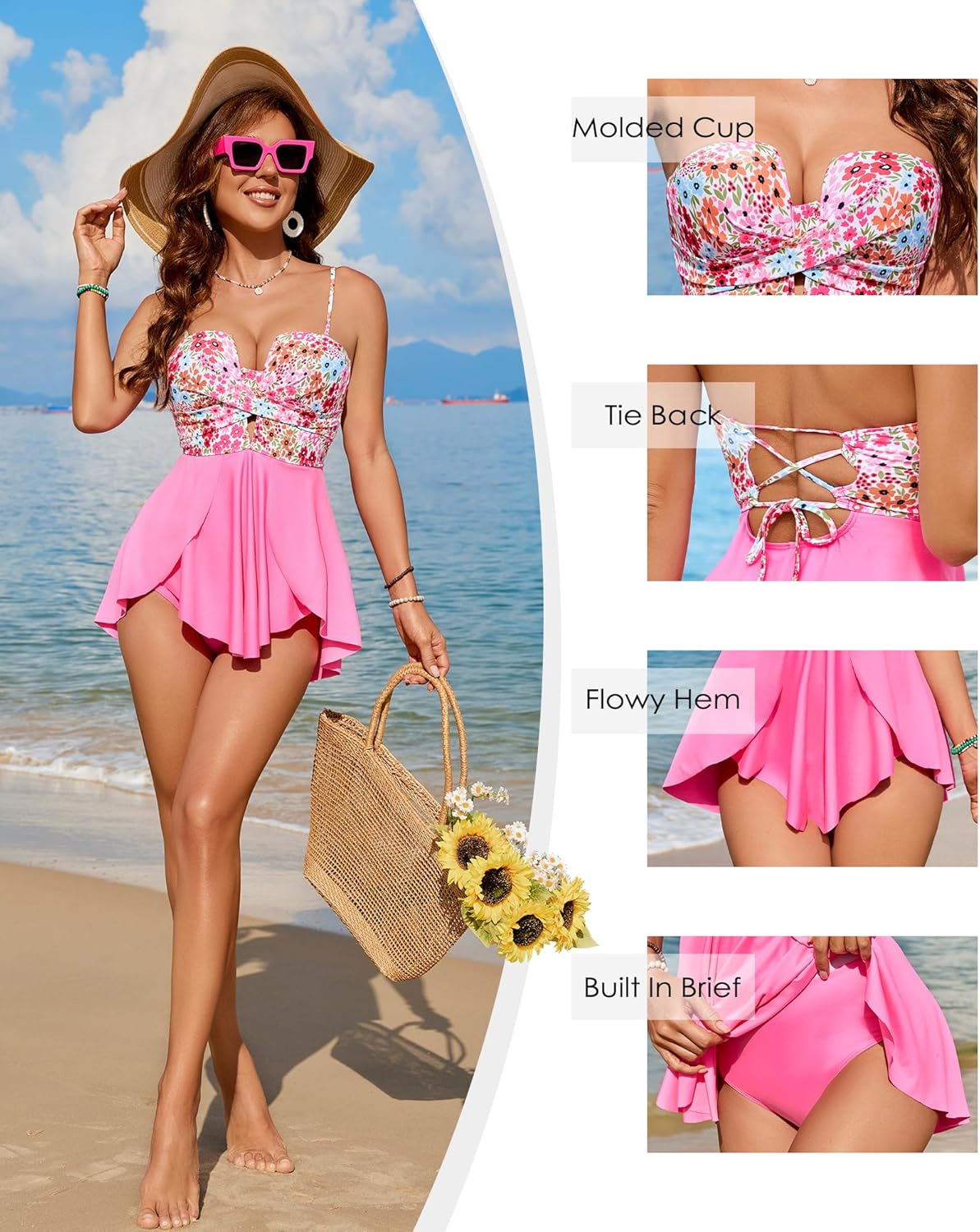 XUNYU One Piece Swimsuits for Women Bandeau Strapless Bathing Suits Tummy Control Modest Swim Dress Cute Teens Swim Suit 2026 - Image 6