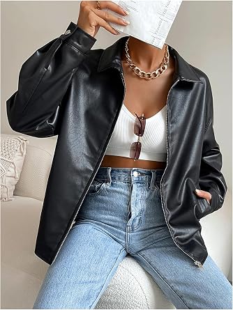 MakeMeChic Women's Faux Leather Shacket Long Sleeve Zip Up Motorcycle Jacket Biker Coat