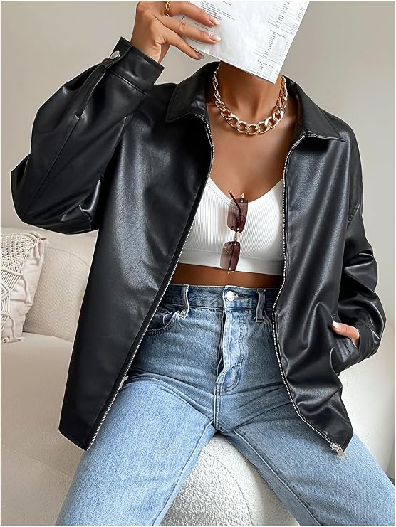 MakeMeChic Women's Faux Leather Shacket Long Sleeve Zip Up Motorcycle Jacket Biker Coat