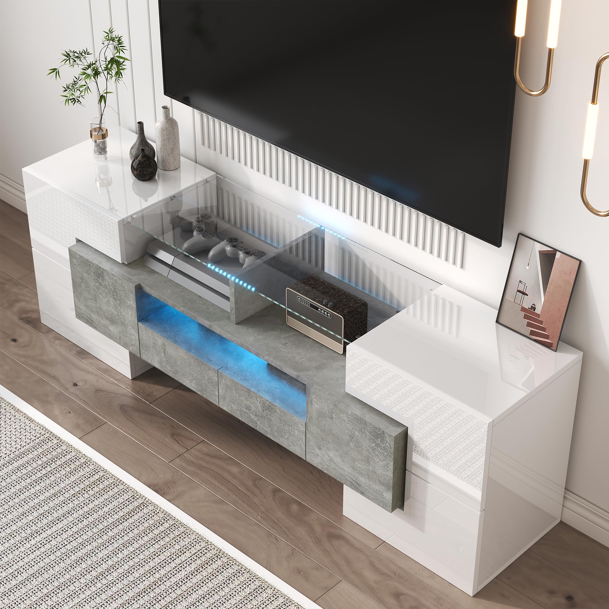 Wiuzo Elegante armario para TV, bajo, blanco brillante, 145 cm, con iluminación LED, mueble para el salón. Diseño moderno. Elegante superficie de vidrio (Gris+Blanco)