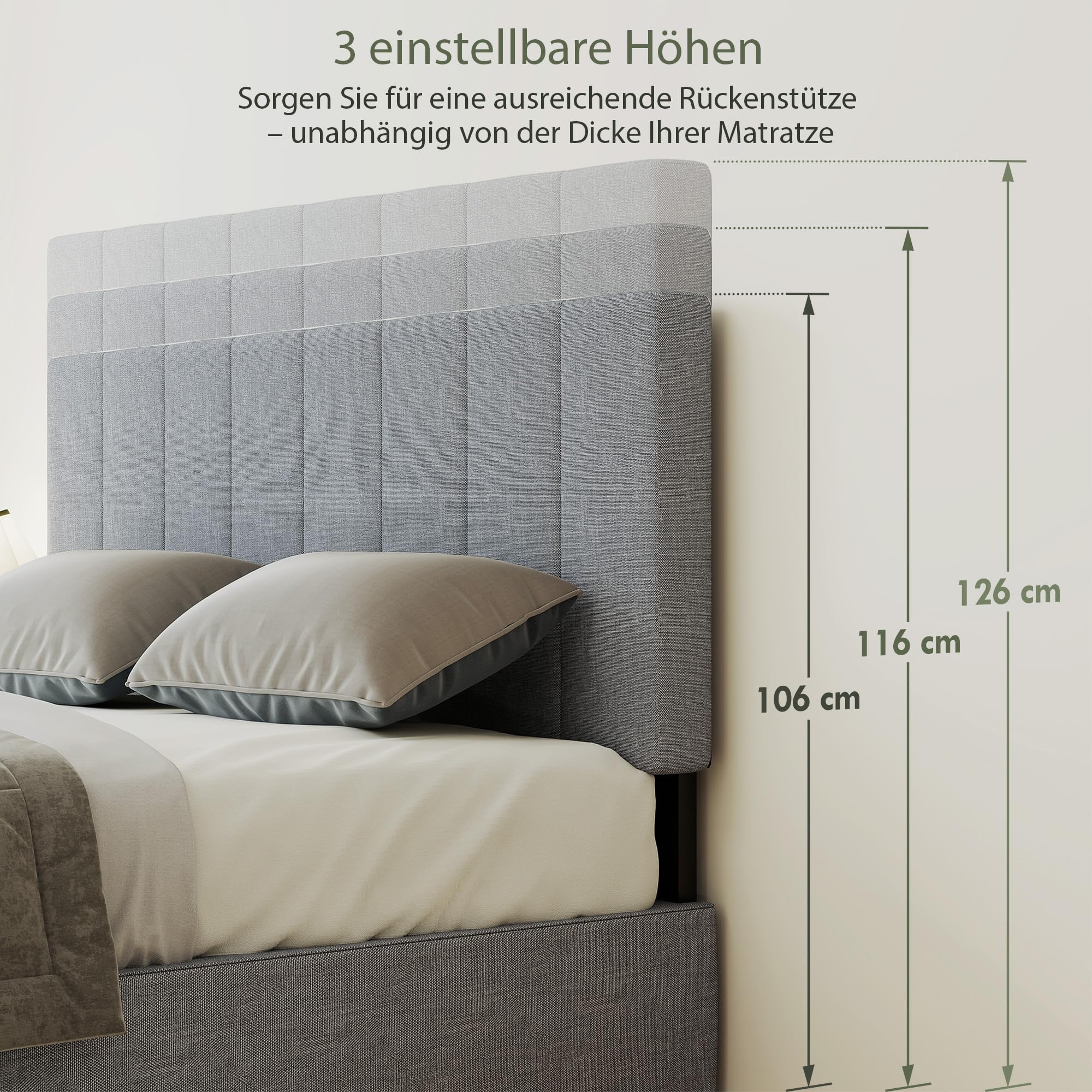 HOMCOM Kopfteil 3-Fach Höhenverstellbar 160 x 10 x 106/116/126 cm Grau
