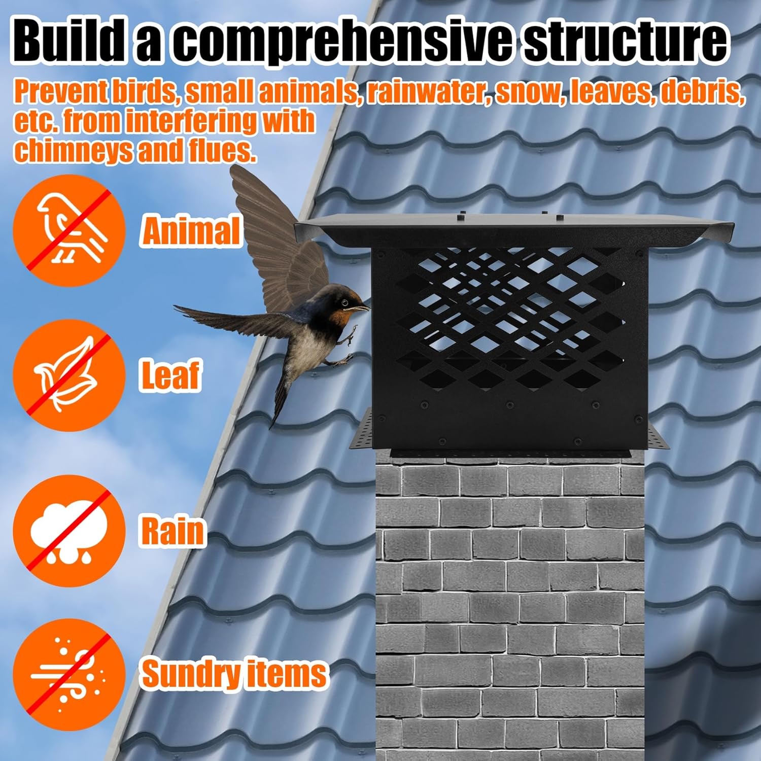 Chimney Cap 12" x 12" Chimney Cover Square with Rain Cap Galvanized Steel Fireplace Chimney Flue Caps Adjustable Bottom and Side Mount Chimney Vent Cap on Existing Flue Tile for Outside Black