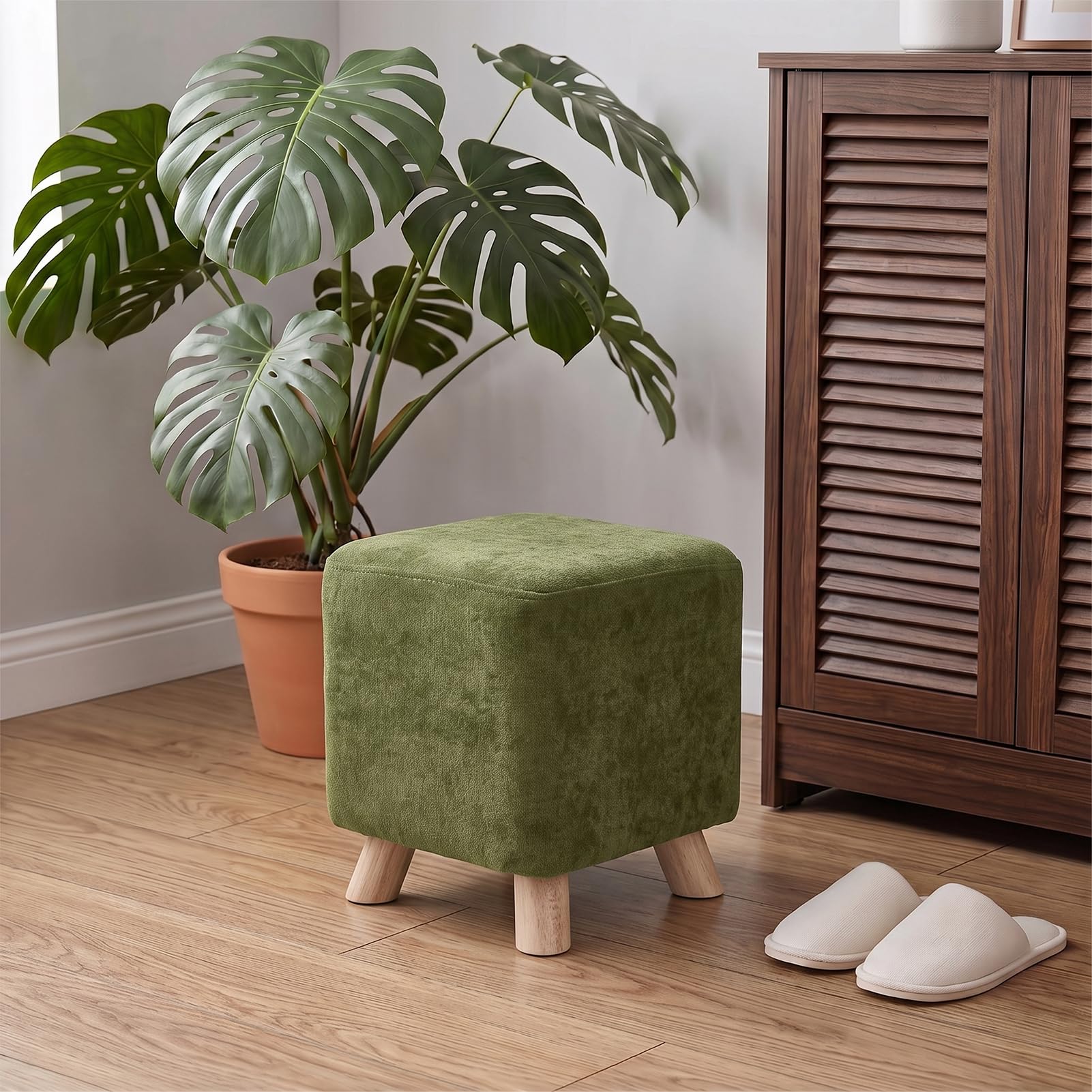 INMOZATA Footstool Chenille Upholstered Foot Stool, Olive Green, 28D x 28W x 26H cm - Image 7