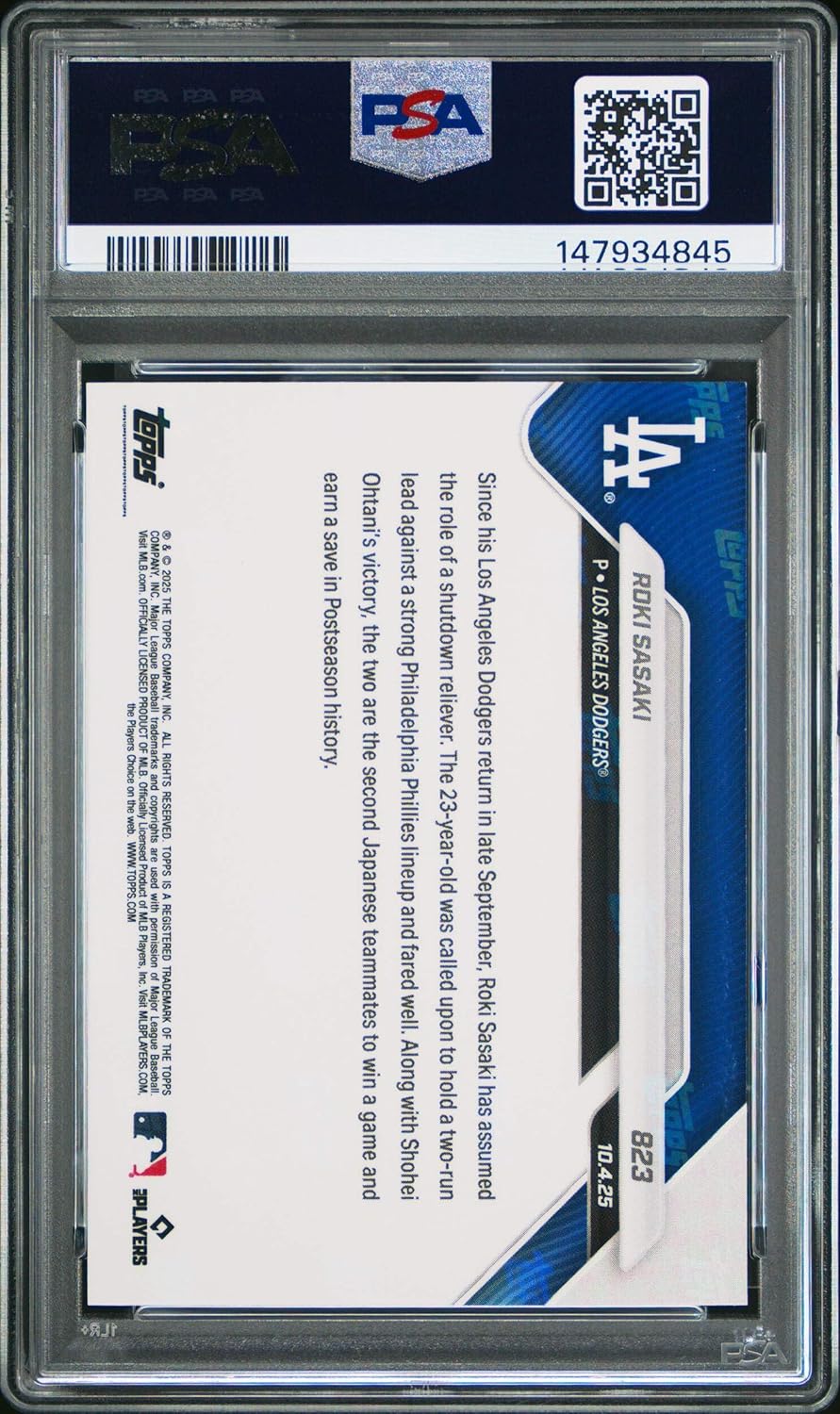 Graded 2025 Topps Now Roki Sasaki #823 Rookie RC Baseball Card PSA 9 Mint