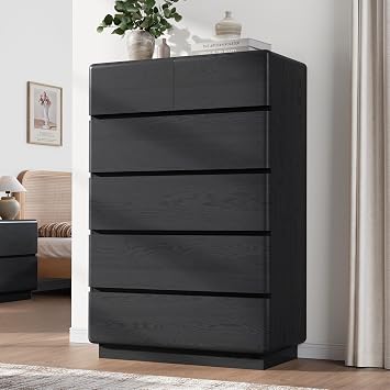 YANSNWO Black 6 Drawer Dresser for Bedroom, 48" Tall Dressers & Chest of Drawers with Curved Profile Design, Modern Dresser with Thickened Base for Bedroom, Living Room, Hallway