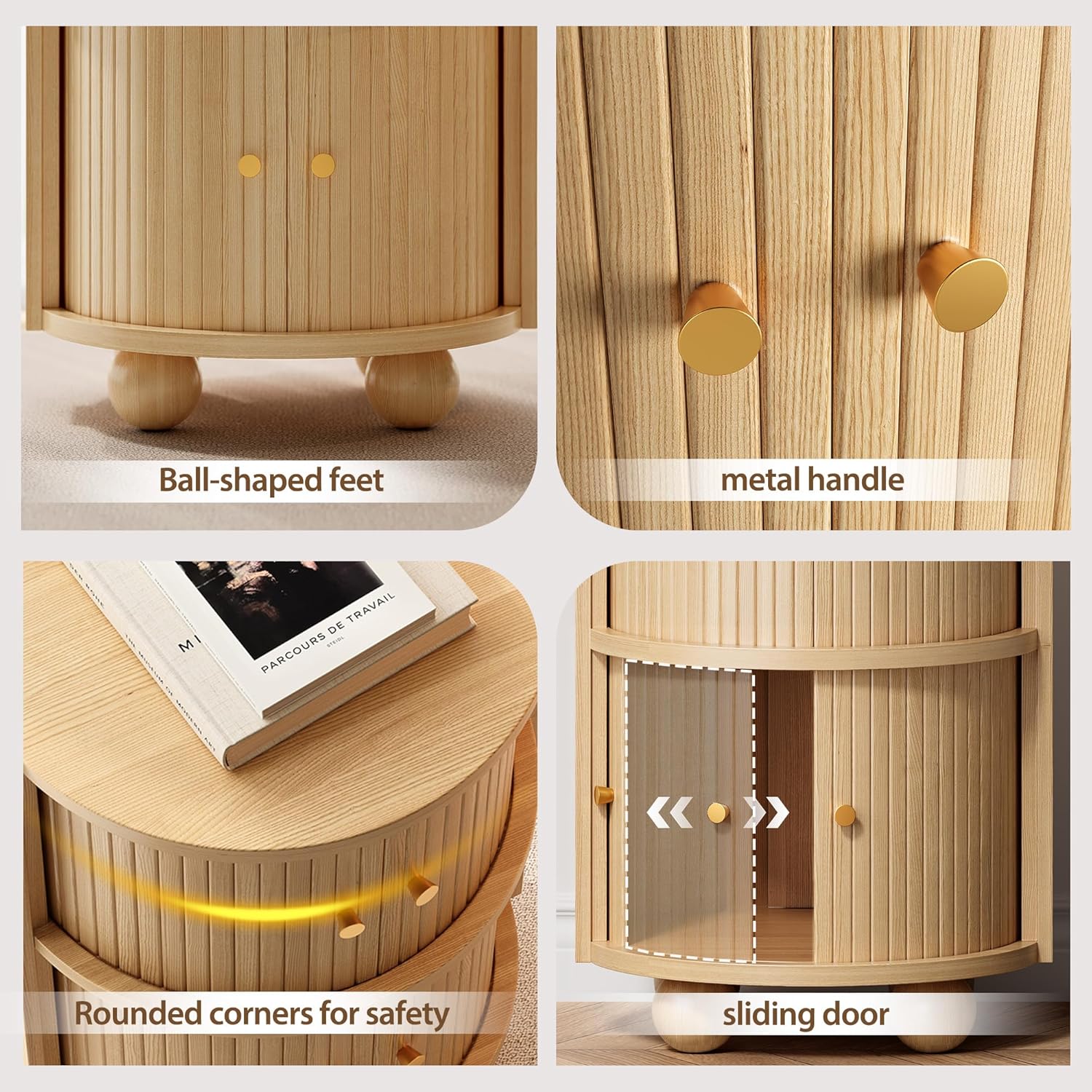 Round Nightstands, Tall Side Table with Sliding Doors and Storage Shelves, Modern Bedside Table, Suitable for Living Room and Bedroom (Oak).