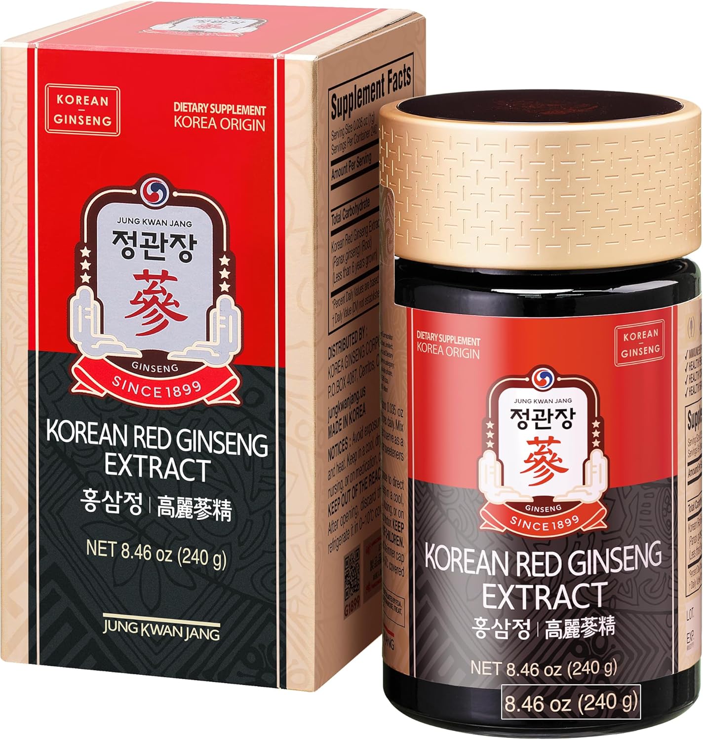 Korean Red Ginseng Extract Paste (Hong SAM JUNG) – Panax Ginseng Adaptogen Supplements – Energy Boost & Immune Support, Caffeine Free & Gluten Free (240g, 8.47 oz)