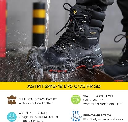 Men's Waterproof Cow Leather Safety Boot 8-inch Composite Toe Work Boots Insulated Winter Snow Boots