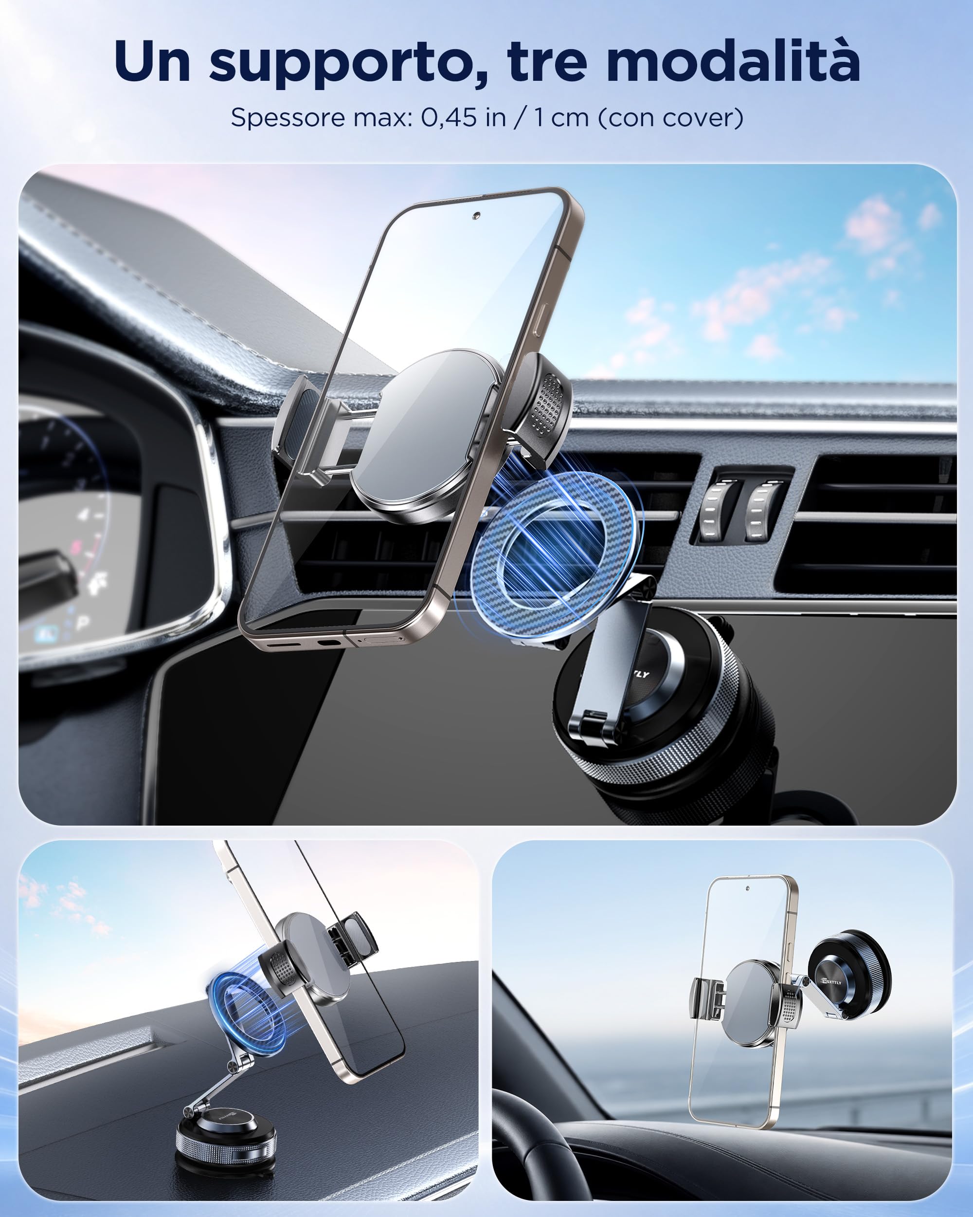 MSXTTLY Supporto Magnetico Auto con Clip Adattatore, Vmag-S3 Braccio Lungo + Clip, Senza MagSafe, Senza Anello, Posizione Flessibile, per iPhone e Android