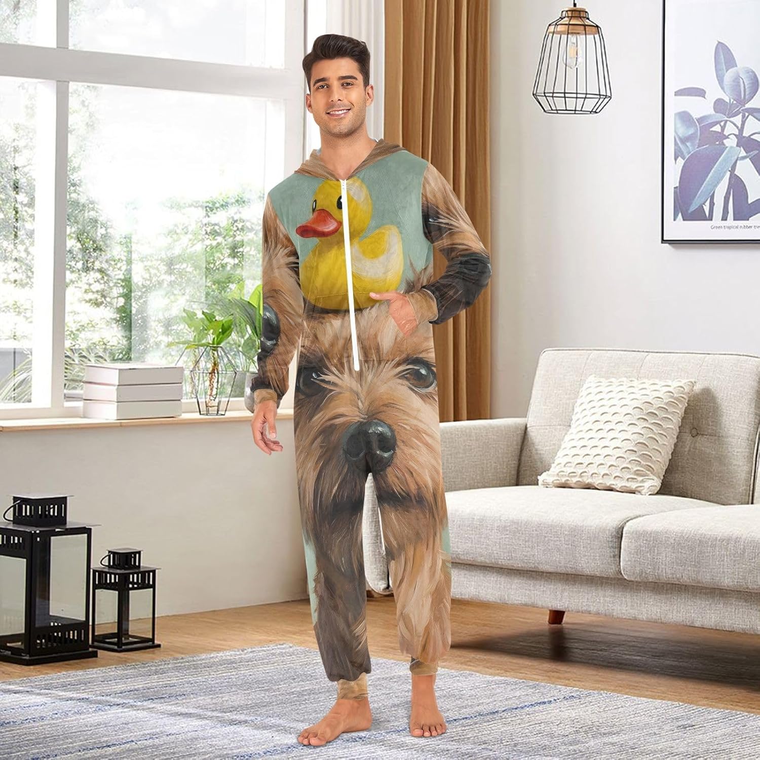 Funny Dog Duck Print Adult Onesie Pajamas, Soft Hooded One Piece Loungewear Sleepwear for Men Women