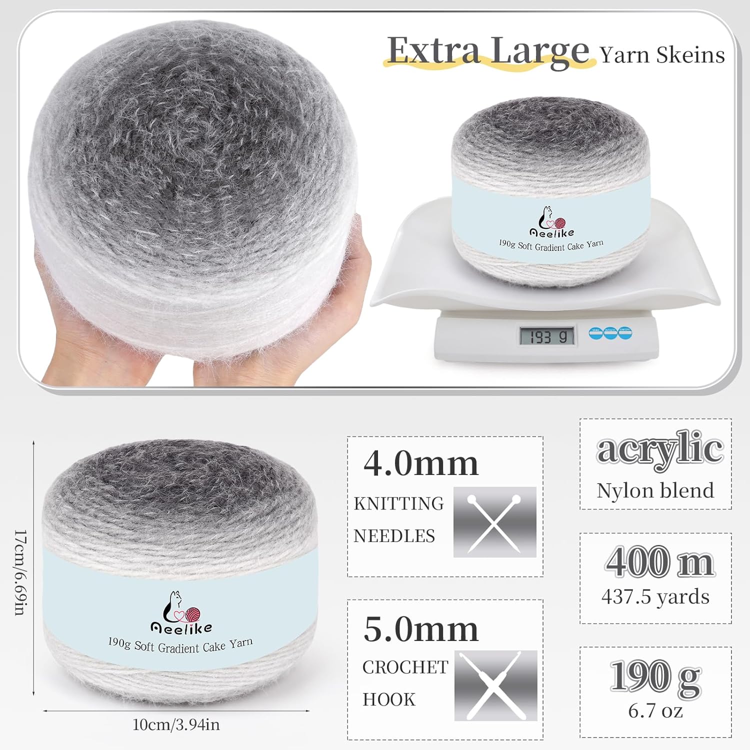 Aeelike Yarn for Crocheting, 4 Super Soft Gradient Yarn 190g (6.7 oz) 400m (437.5 Yards) Extra Large Rainbow Yarns Skeins for DIY Making Colorful Blanket Scarves Hat, Ink Grey