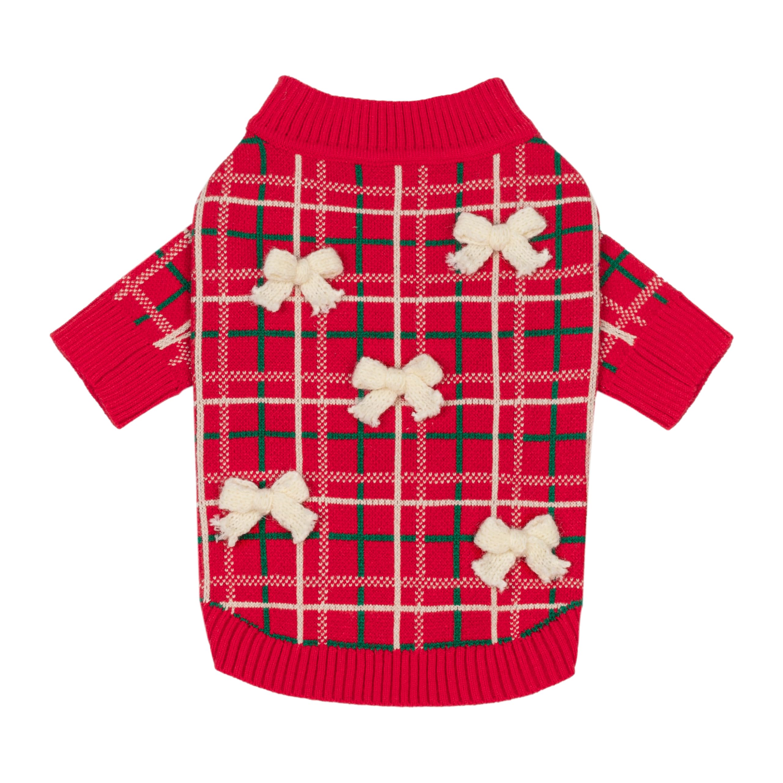 Fitwarm Plaid Bow Dog Jacquard Sweater, Cozy Christmas Outfit for Small Dogs Girl, Soft Pet Knitted Aooarel, Red, Green, White, XL