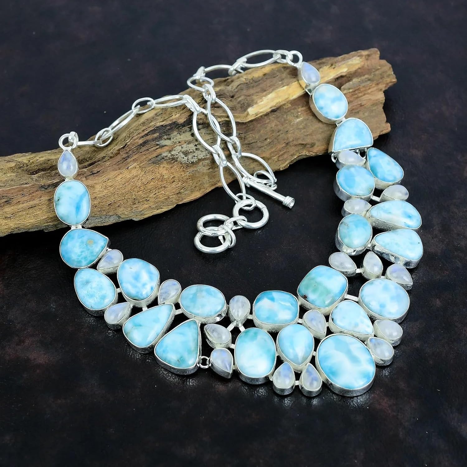 Solid 925 Sterling Silver Larimar, Moonstone Gemstone Silver Necklace Gemstone Natural Larimar Necklace