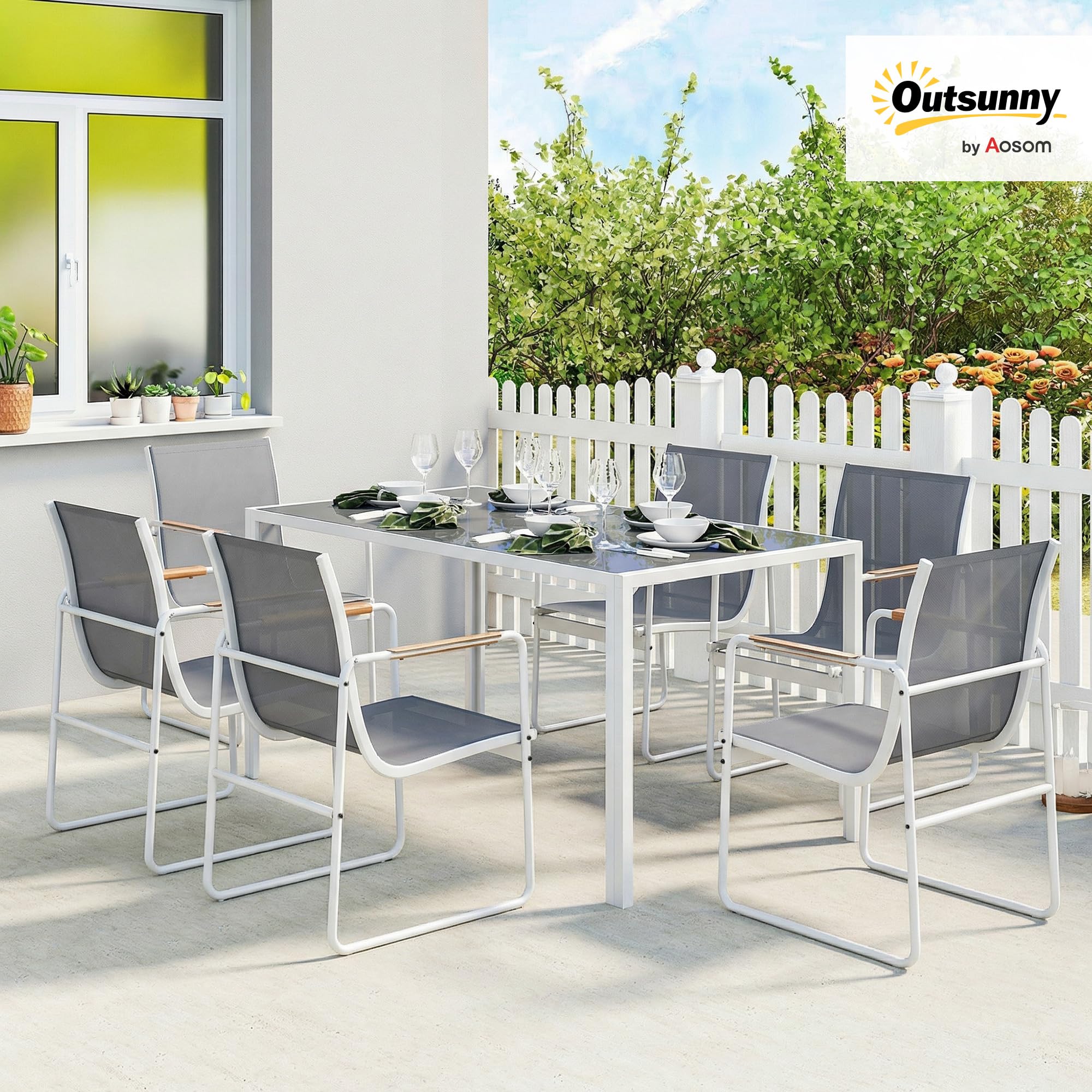 Outsunny Set da giardino composto da tavolo e sedie, 7 pezzi, mobili da giardino per esterni con tavolo in vetro temperato, 6 sedie decorative traspiranti, struttura in acciaio resistente alle