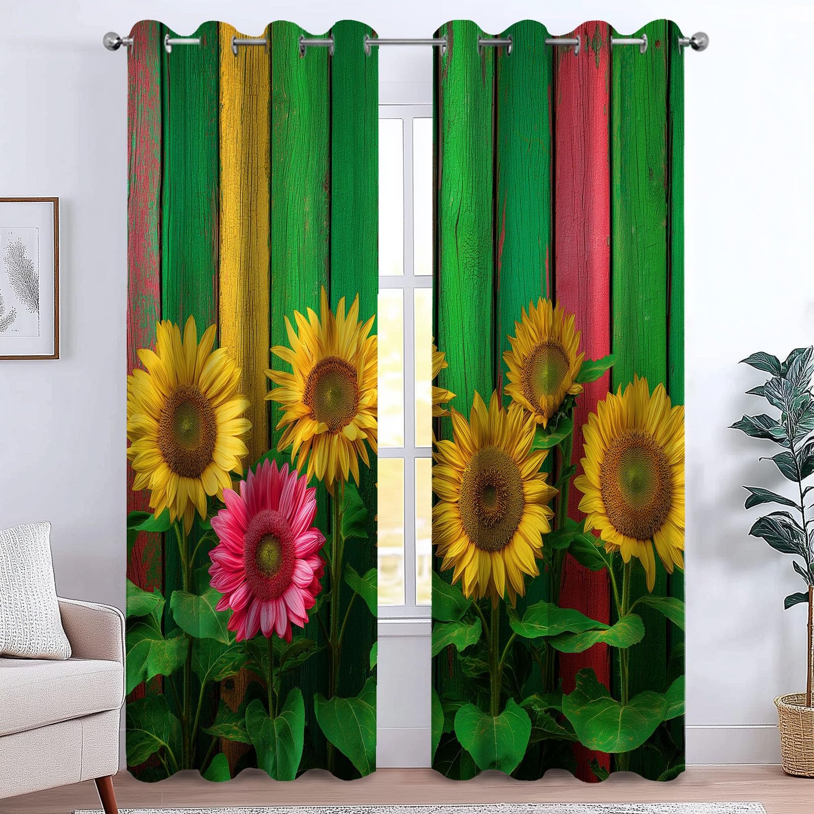 Generisch Ländliche Umgebung Holzplanken Sonnenblumen Vorhänge mit Ösen Blickdichte Gardinen Thermo Vorhang Dekor für Schlafzimmer Wohnzimmer Oberzimmer Verdunklungsvorhänge 2er Set, H215 x B110 cm
