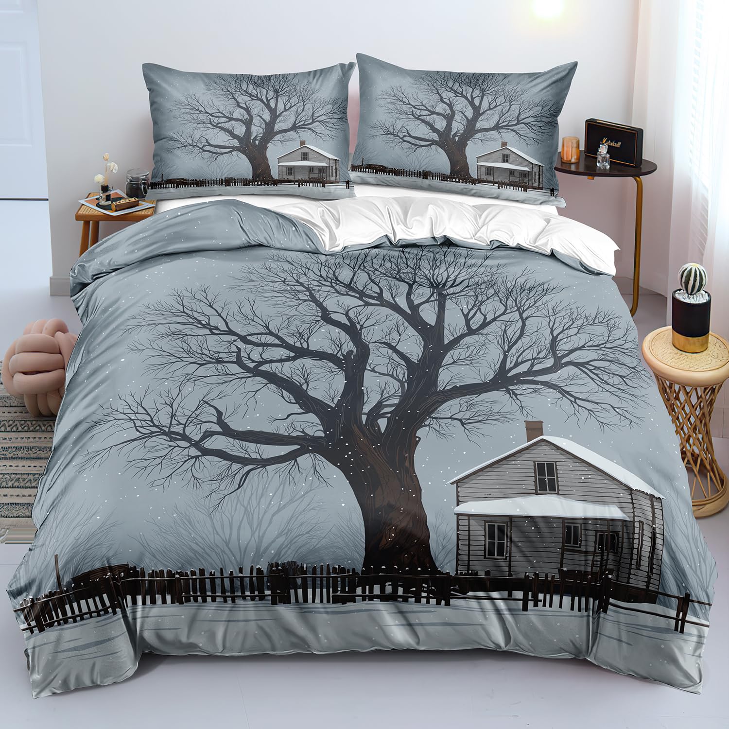 Parure de lit de Noël 200x200 cm avec housse de couette sapins et maison en microfibre douce