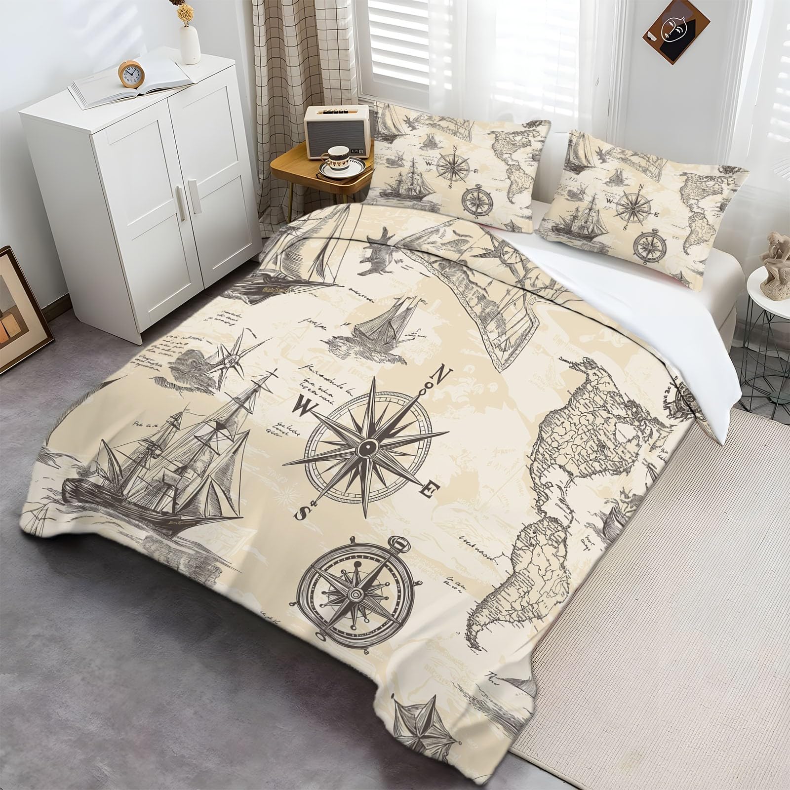 Funda Nórdica Brújula Y Velero Juego De Cama Suave Transpirable Microfibra 1 Funda Nórdica + 2 Fundas De Almohada 50X75cm Beige Cama 90