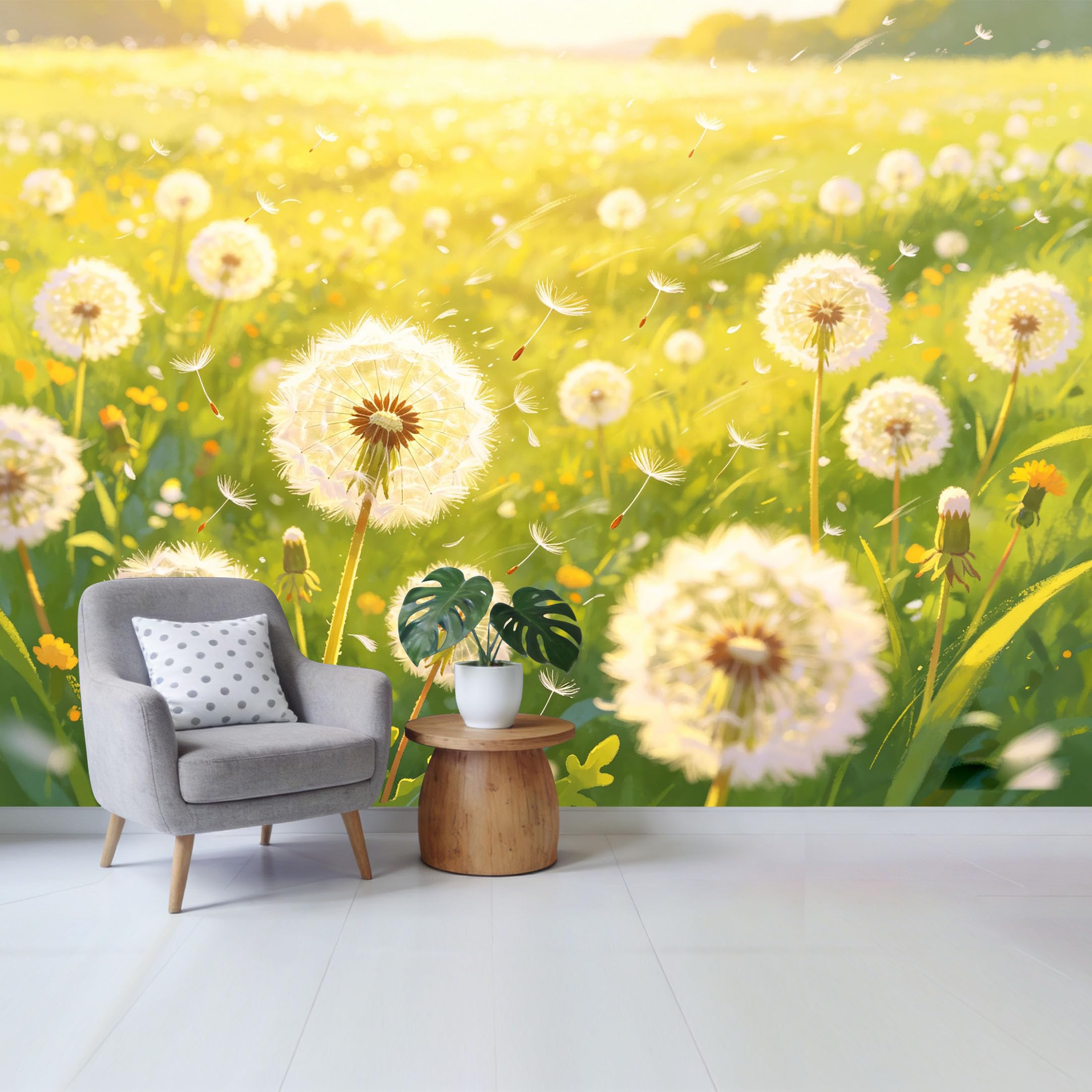 Qzlithotic Yq2605250739 Custom Size Wall Mural Dandelion Field Botanical Scenery Summer Meadow Sunshine Glowing Petals Selfadhesive Wall Fabric Removable Wallpaper For Home Office Decor