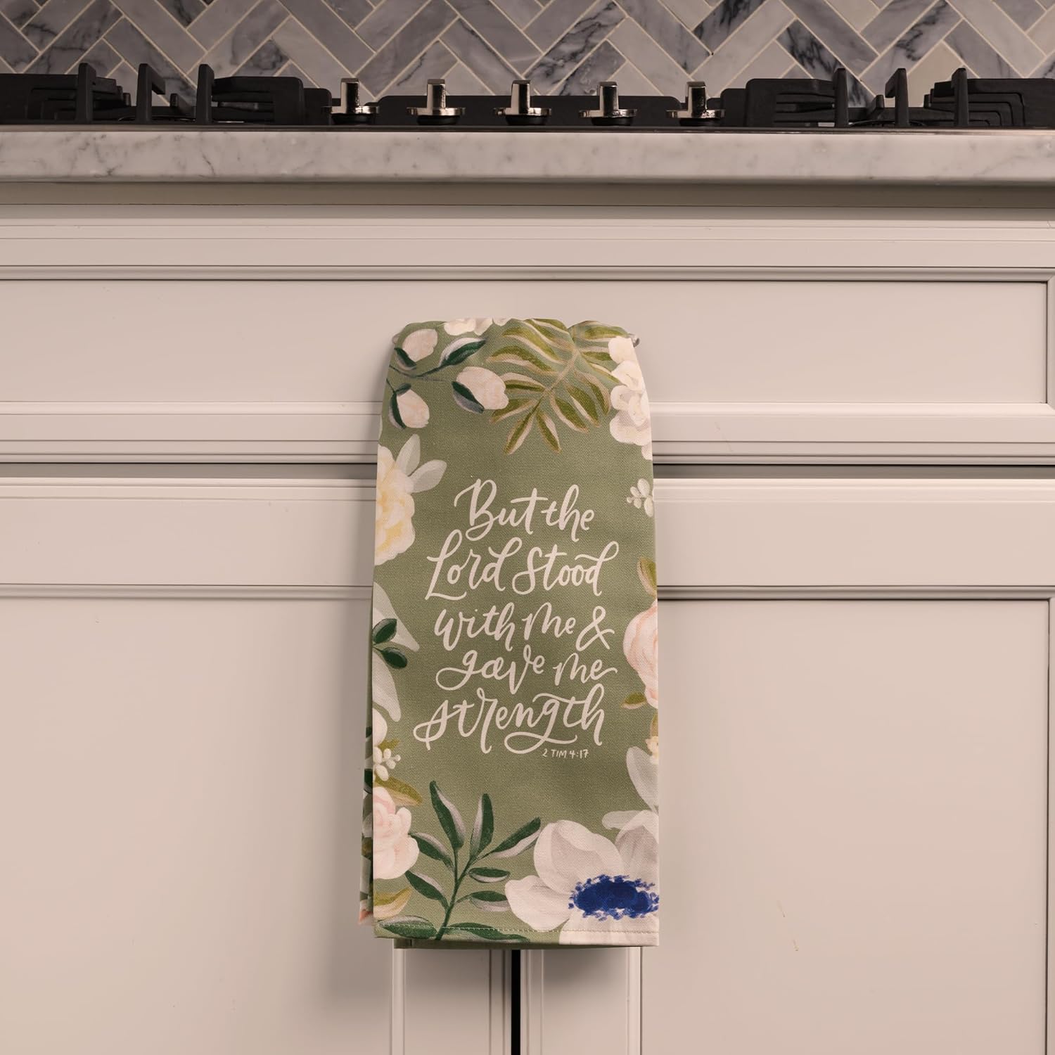 Christian Art Gifts Decorative Inspirational Scripture Tea Towel for Women: Lord Stood with Me Encouraging Bible Verse, Home & Kitchen, 100% Cotton, Green Floral, 30" x 20" - Image 3