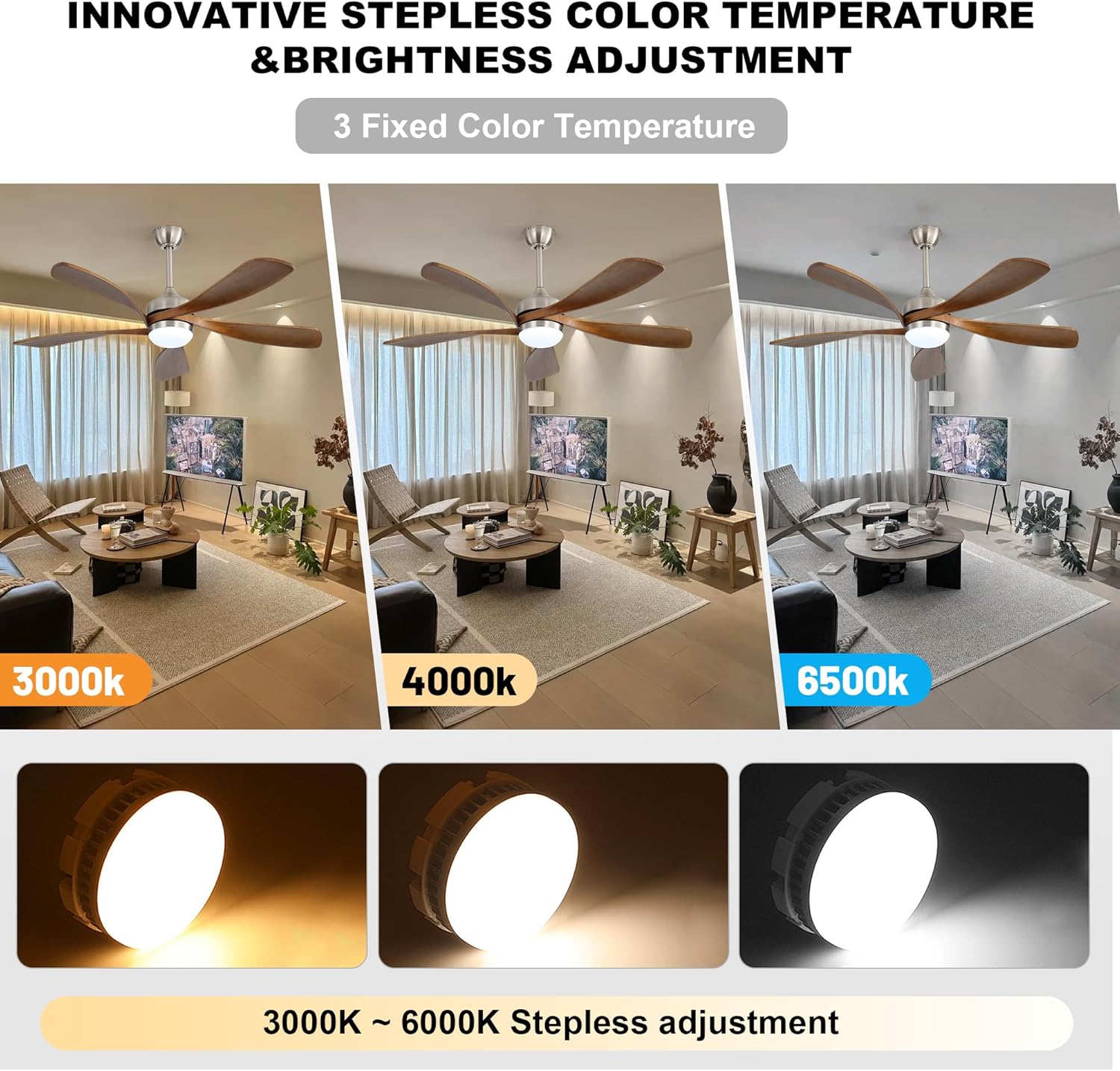 52" Smart Ceiling Fan, Indoor/Outdoor Ceiling Fans with Lights and Remote, 3-Color Light 6-Speed Timing Reversible DC Motor for Bedroom Living Room Patio,Sakuragi