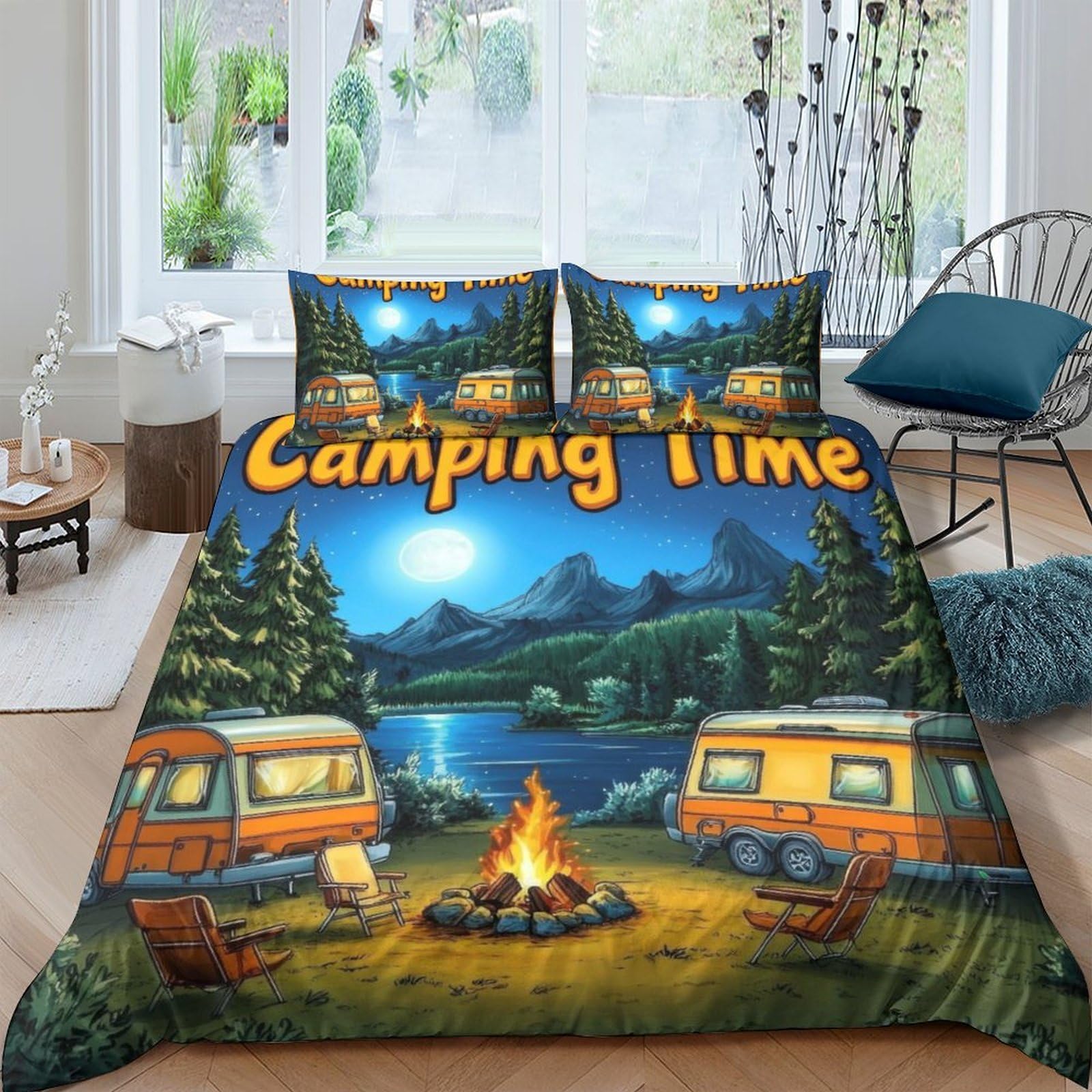 Ctjqhvkz Style-6 3D Printed Camping Forest Fitted Sheet Microfiber Scenic Night Lake Mattress Cover For Bedroom Guest Room Decor Single（135X200cm）