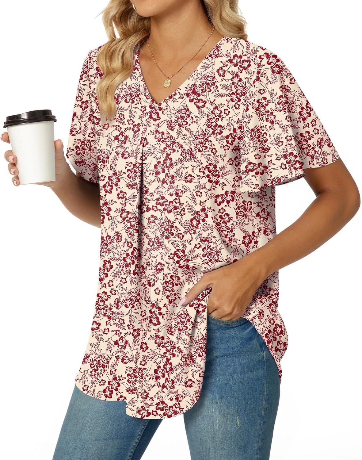 Anyally Women's Summer Dressy Chiffon Blouses V Neck Ruffle Short Sleeve Tunic Tops for Leggings Casual T-Shirts - Image 3