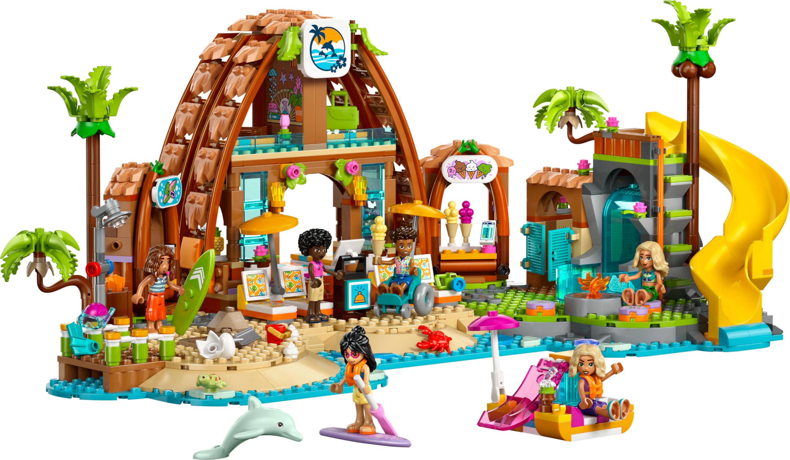 LEGO Friends Hotel de Vacaciones Familiares en la Playa - Juguete con 6 Mini Muñecas, Figuras de Animales (Tortuga y Delfín), Heladería y Accesorios - Regalo para Niñas de 8+ Años 42673