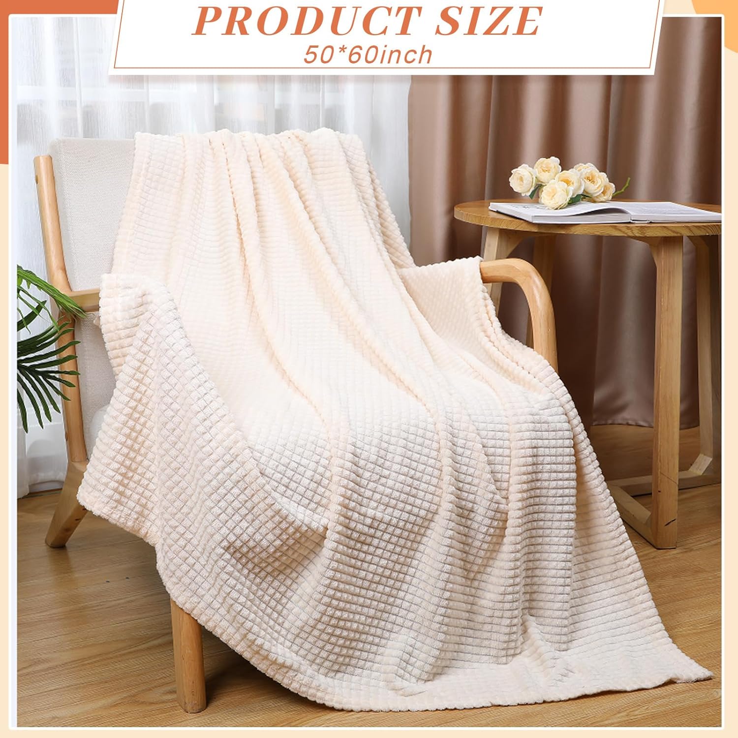 Buryeah 12 Pcs Flannel Fleece Throw Blanket Bulk 50 x 60 Inch Wedding Throw Blanket 3D Jacquard Grid Design Soft for Couch Sofa Chair Donation Homeless Gift (Ivory) - Image 3
