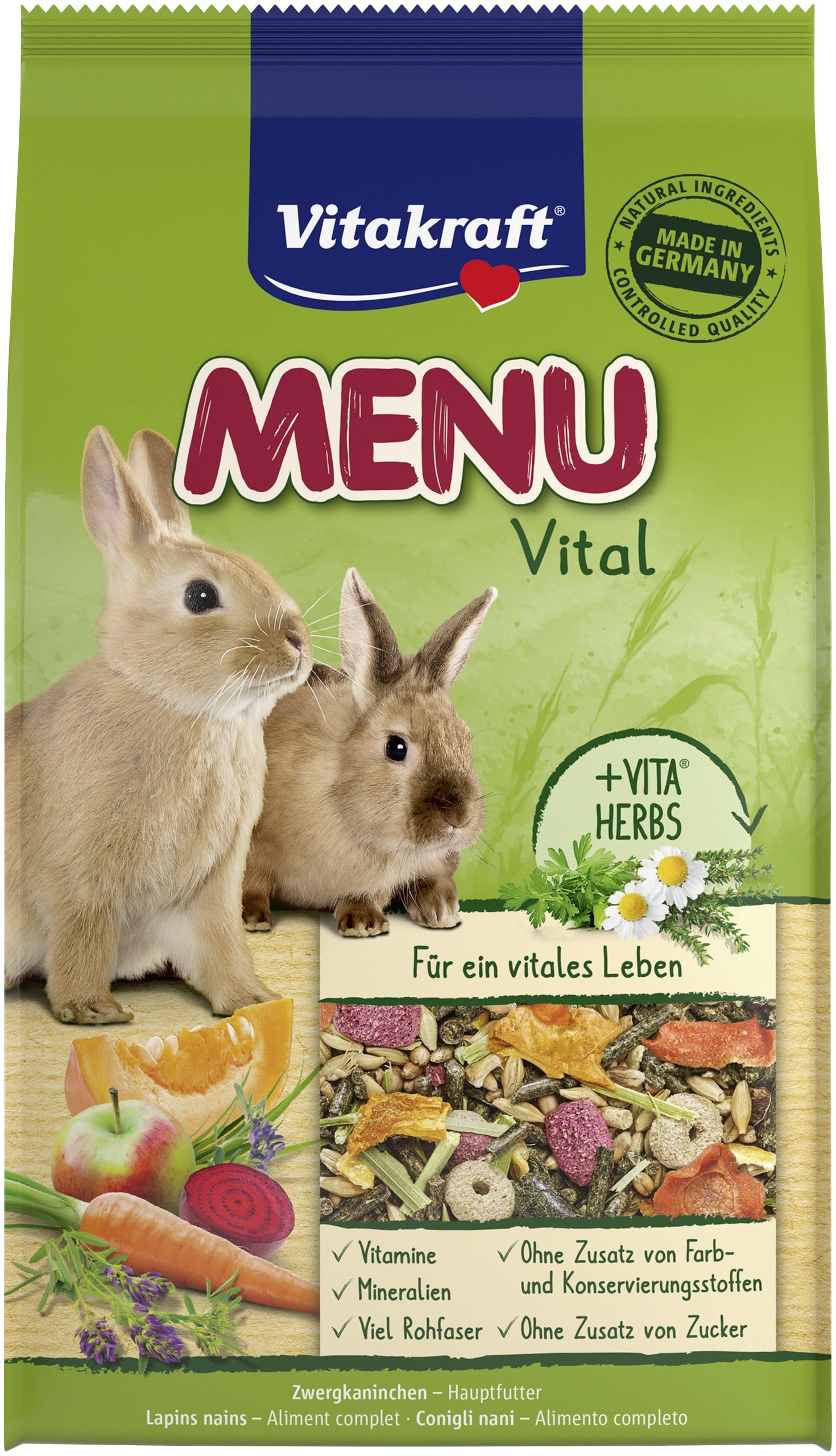Vitakraft Menu Vital, alimento completo per conigli nani, con erbe aromatiche e verdura, ricco in fibra grezza, senza zuccheri aggiunti (1x 1kg)