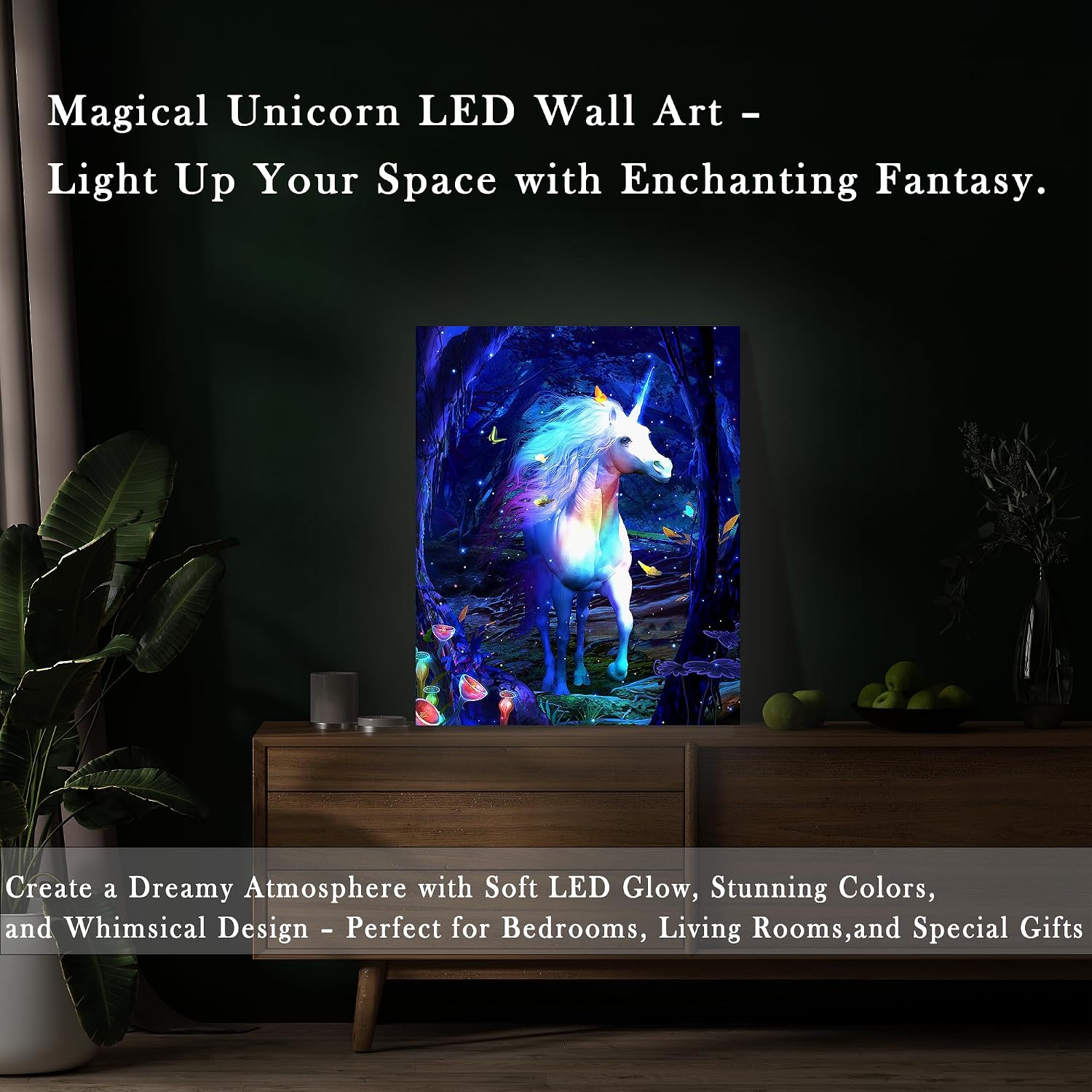 Light Up Unicorn Picture with LED Lights and Timer, Framed Purple Canvas Wall Art, Poster and Print for Girls Bedroom, Lighted Wall Decor Gift for Unicorn Lovers.