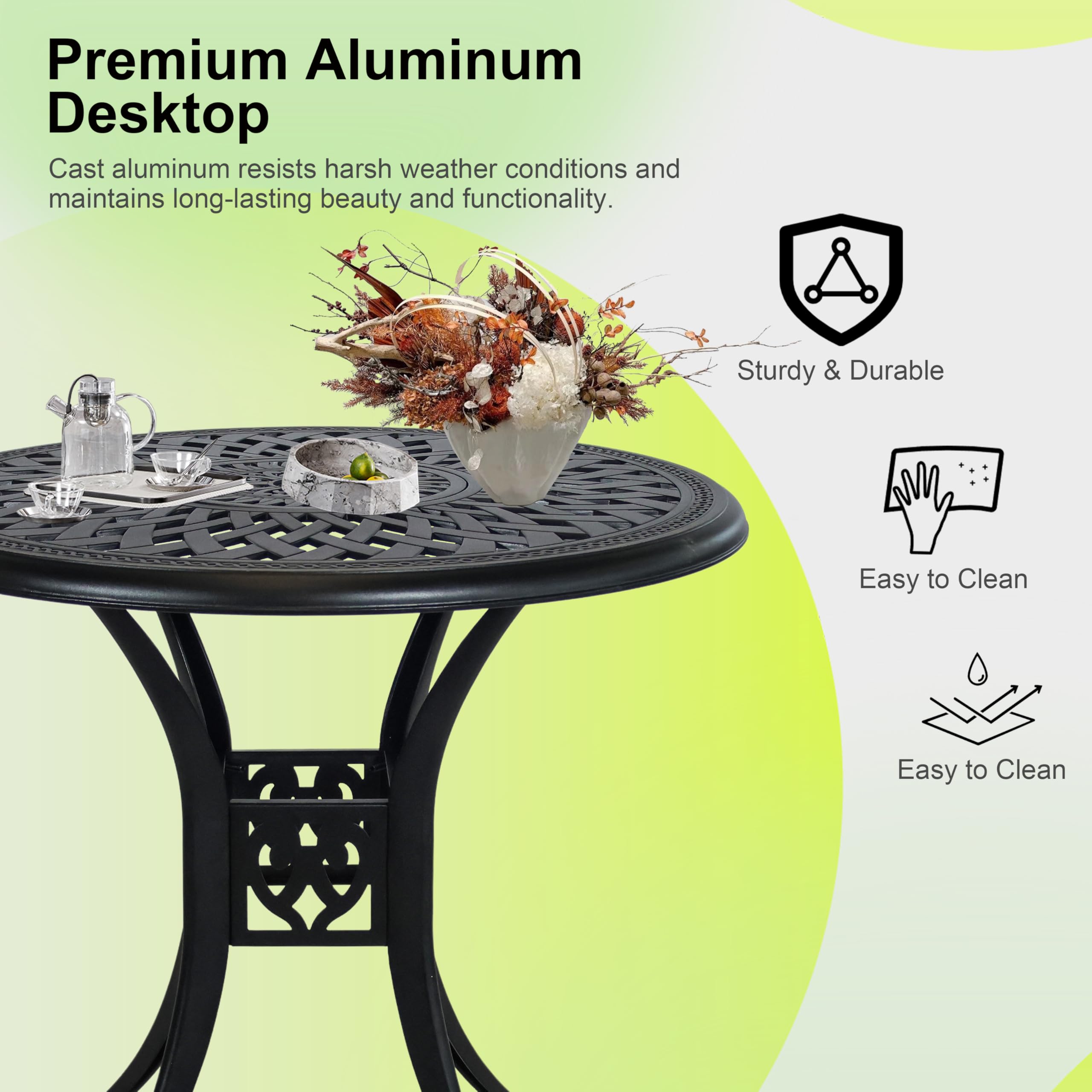 PATIO-IN 30.3 Inch Round Patio Table Cast Aluminum Patio Table,Metal Patio Dining Table with Umbrella Hole,All Weather Outdoor Bistro Dining Table for Backyard, Garden, Balcony, Black : Patio, Lawn & Garden