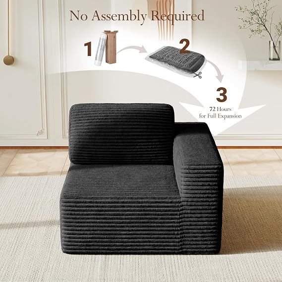 Vesgantti Modular Sectional Right-Arm Chair, Corduroy Couch Module, Black | Modular Design, Flexible Layout, Deep Seat, Cloud Comfort, Boneless Sofa, 35D Foam, Pocket Springs, No Assembly
